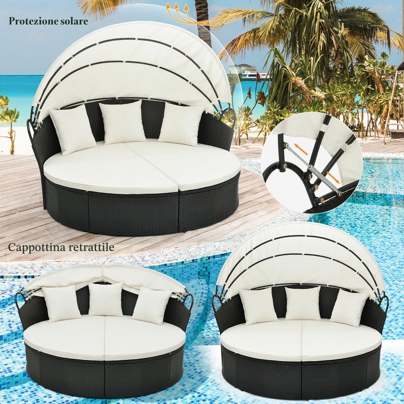 LIFEZEAL Set Giardino da Esterno in Rattan PE, Divano Rotondo in 4 Pezzi con Cuscini, Lounge Letto Matrimoniale con Tettuccio Parasole, Lettino Prendisole Max 360kg per Piscina e Cortile, 168x180x157