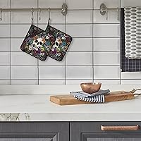 Vista 5 de Juego de 2 soportes para ollas, diseño gótico de flores de calavera, resistentes al calor, para barbacoa, cocinar, hornear, comida caliente