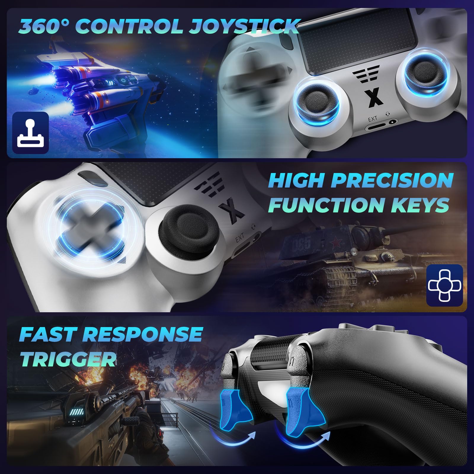 Hycago Manette pour P4, Manette sans Fil Controller compatible avec P4/Pro/Slim/PC, Prise Audio 3,5 mm/Double Vibration/Panneau Tactile (Argent) - 5