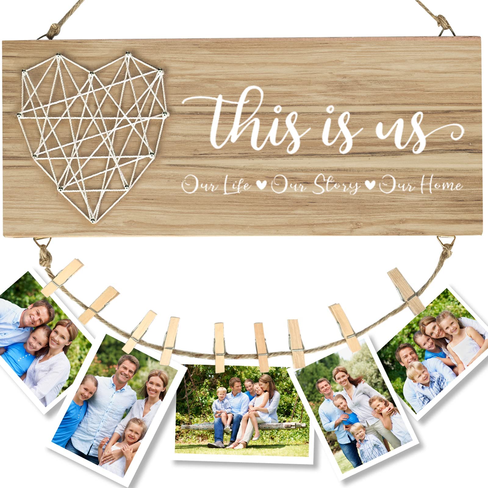 Photo 1 of Mothers Day Gifts for Mom Women,Housewarming Gifts New Home Wall Decor,This Is Us Family Picture Frame,Wedding Gifts for Couples,Rustic Wood Hanging Photo Holder Natural