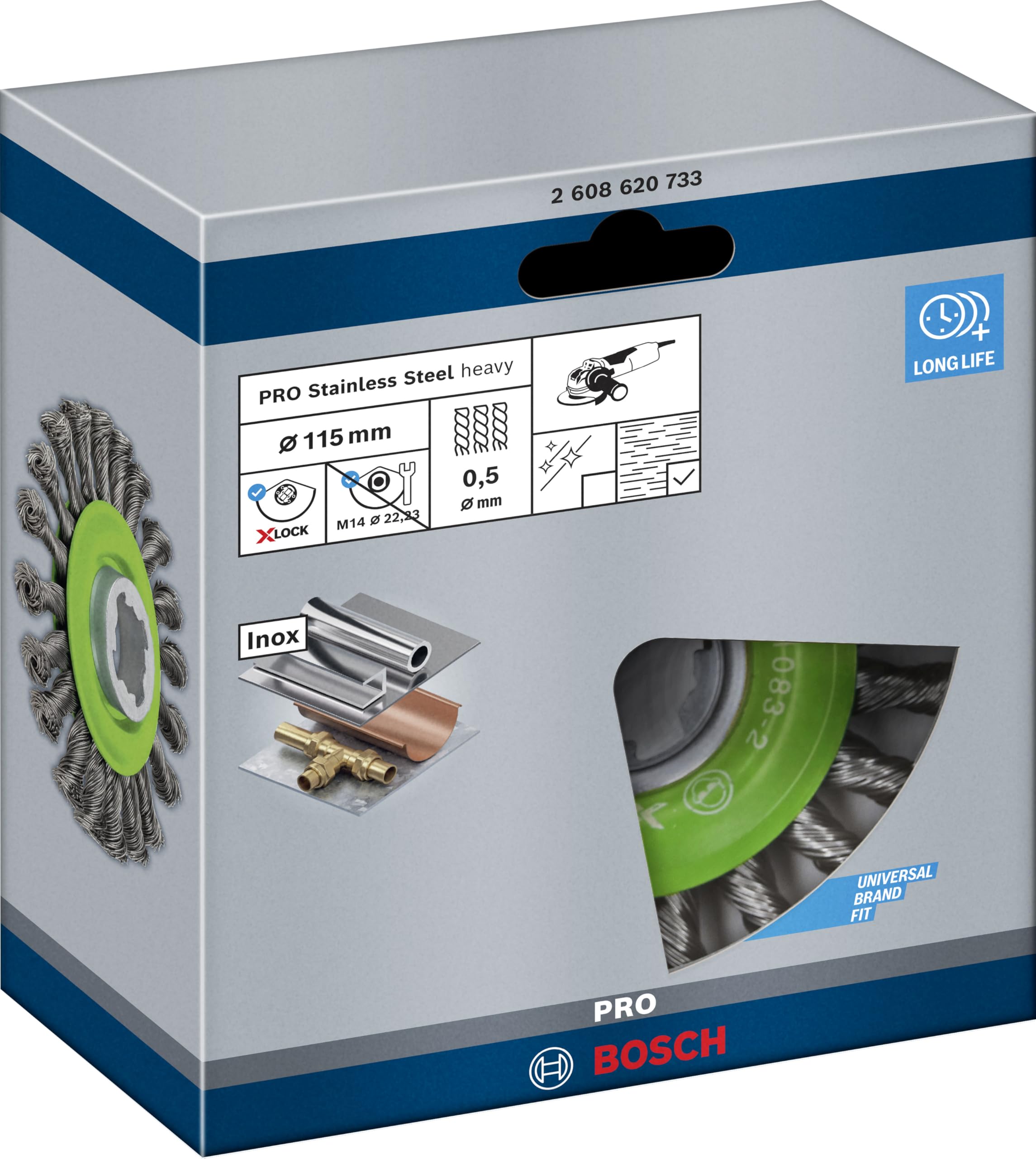 Bosch Accessories Professional 1x Scheibenbürste Gezopfter Draht Heavy (für Inox, X-LOCK, rostfrei, Ø 115 mm, Drahtstärke 0,5 mm, Zubehör Winkelschleifer) (Packung mit 2)