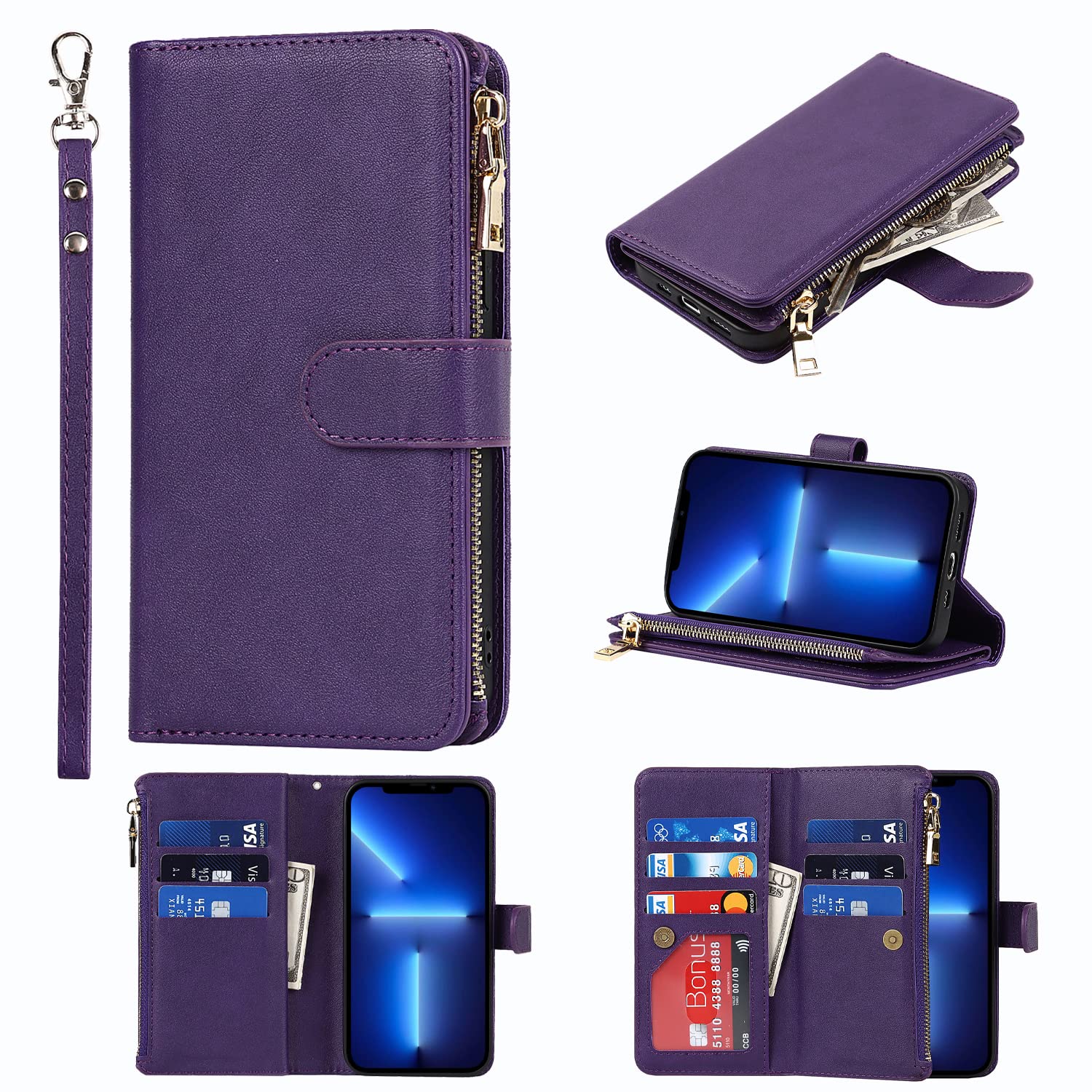 SailorTech Wallet Leather Case for iPhone 13 Pro Max Flip Case Folio Cover with Card Slots Wrist Strap Magnetic Buckle Stand Function Zipper Change Pocket Case Purple