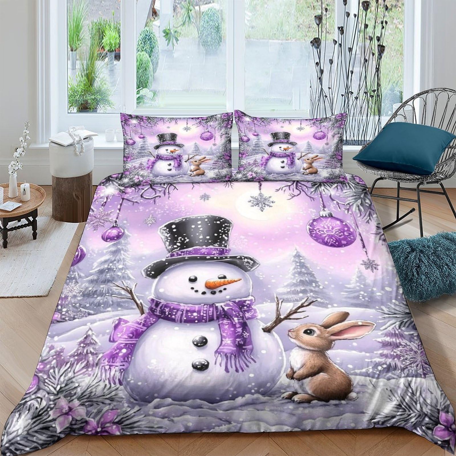 Ctjqhvkz Style-2 3D Printed Snowman Wonderland Fitted Sheet Microfiber Soft Purple Winter Rabbit Bed Cover For Bedroom Guest Room Decor Single（135X200cm）