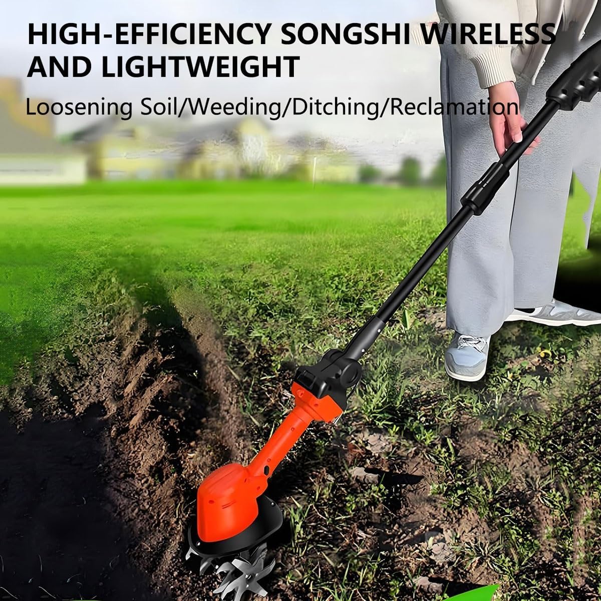 Electric Mini Digging Hoe,Cordless Tiller Cultivator with Telescopic Pole,Hand-Held Micro Tiller Weeding Machine with 2 Batteries,for Cutting Grass, Wheat, Tea Tree, Soil Preparation, Weeding(Without