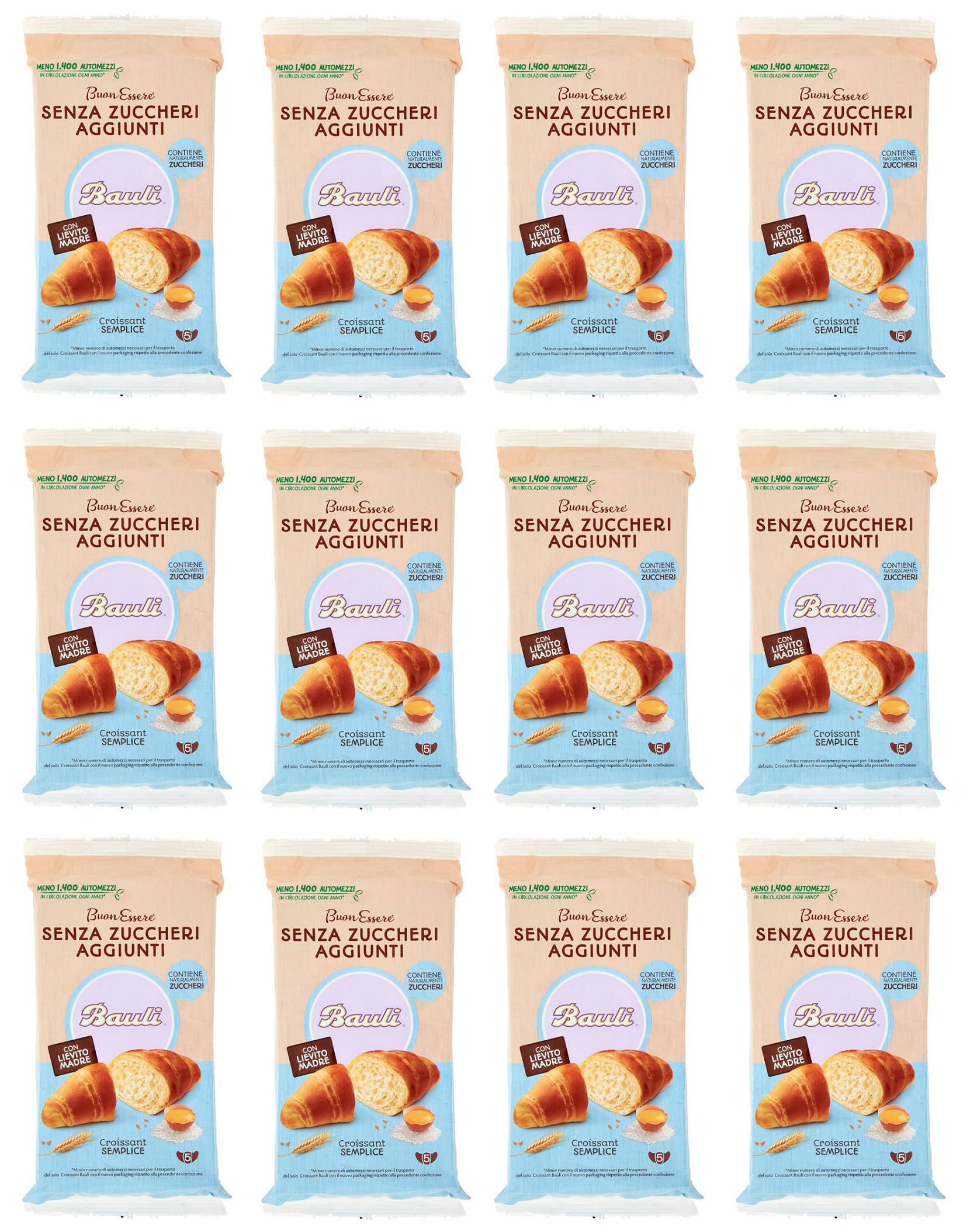 12x Bauli Cornetti Croissant Semplice Senza Zuccheri Aggiunti con Lievito Madre Croissant Ohne Zuckerzusatz mit Sauerteig Packung à 185g, Jede Packung enthält 5 Croissants à 37g