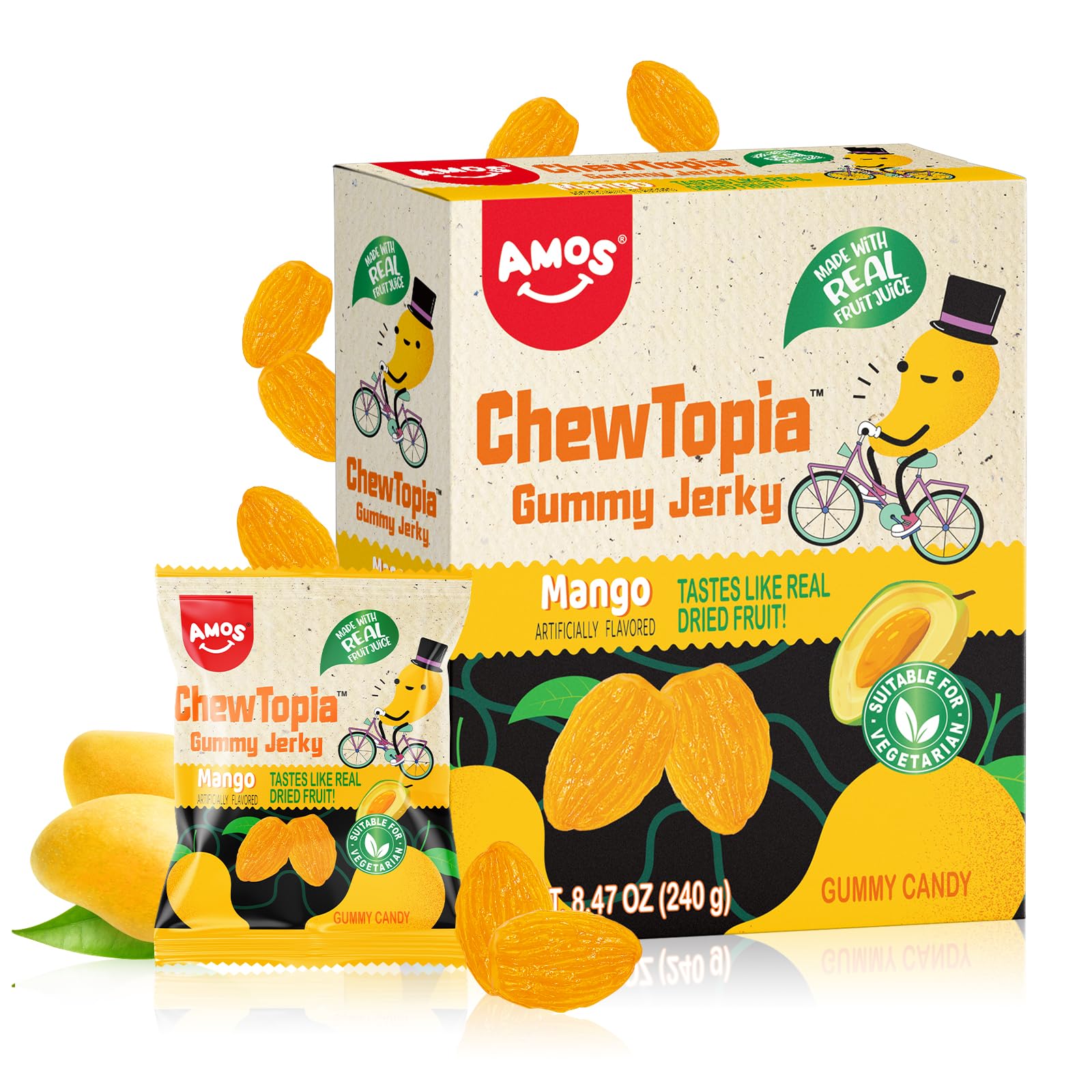 Amos ChewTopia Mango Gummy Jerky – Vegan Chewy Fruit Snack, Tastes Like Real Dried Mango, Soft & Chewy Gummy Candy, 8.47oz Box (Approx. 9 Shareable Packs)
