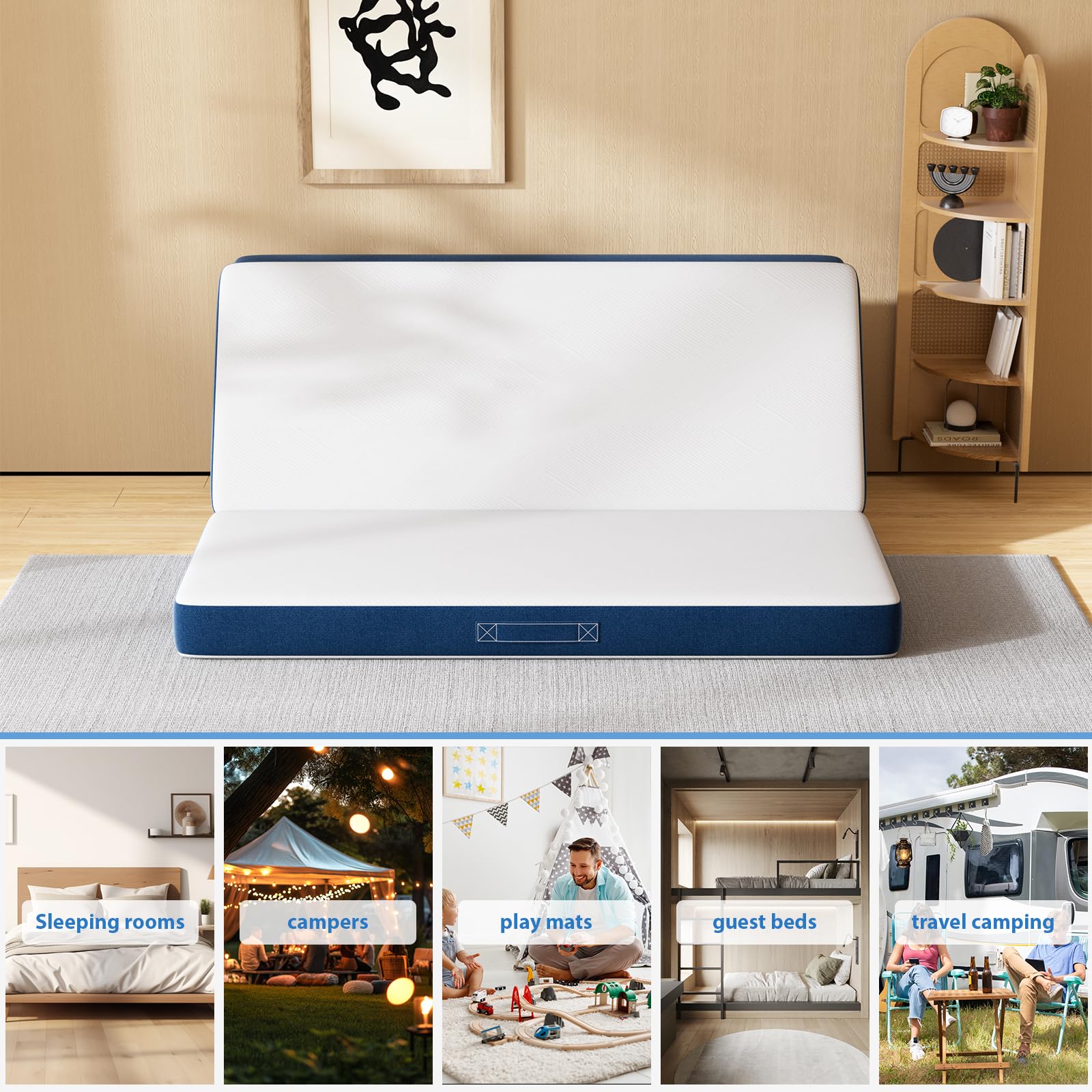 DEWINNER Matelas Pliant Triple,160x195x10cm, Matelas d'invité Polyvalent, 10cm Mousse épaisse, Housse Amovible et Lavable en Machine, Poignée de Transport pour faciliter Le Transport