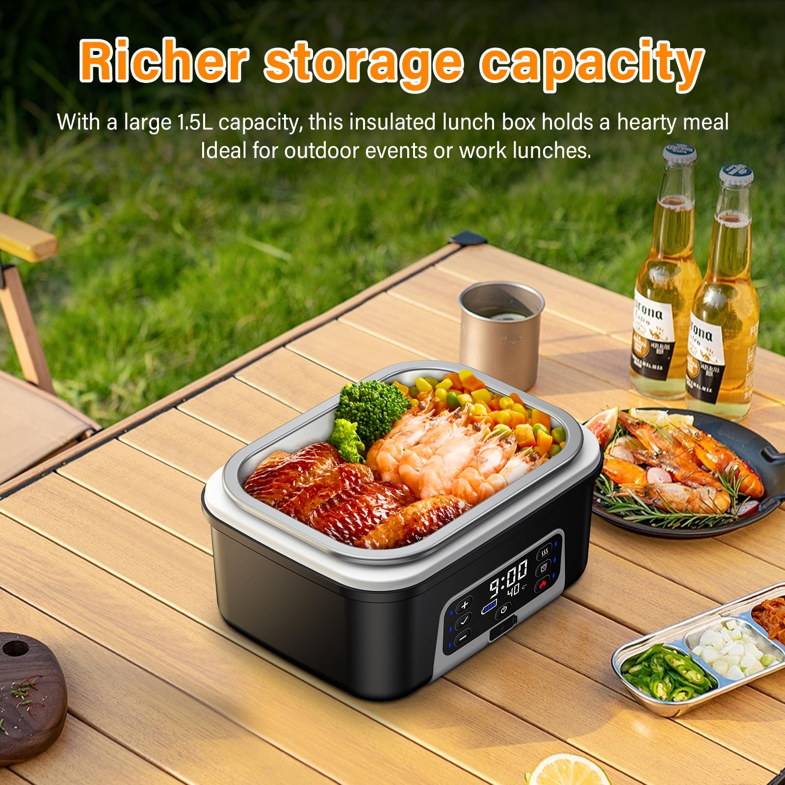 Scaldavivande Elettrico Portatile, 1.5L Porta Pranzo Riscaldabile con Timer, Per Ufficio, Cantiere, Viaggio, Auto, Scaldavivande a Batteria Ricaricabile | Heated Lunch Box