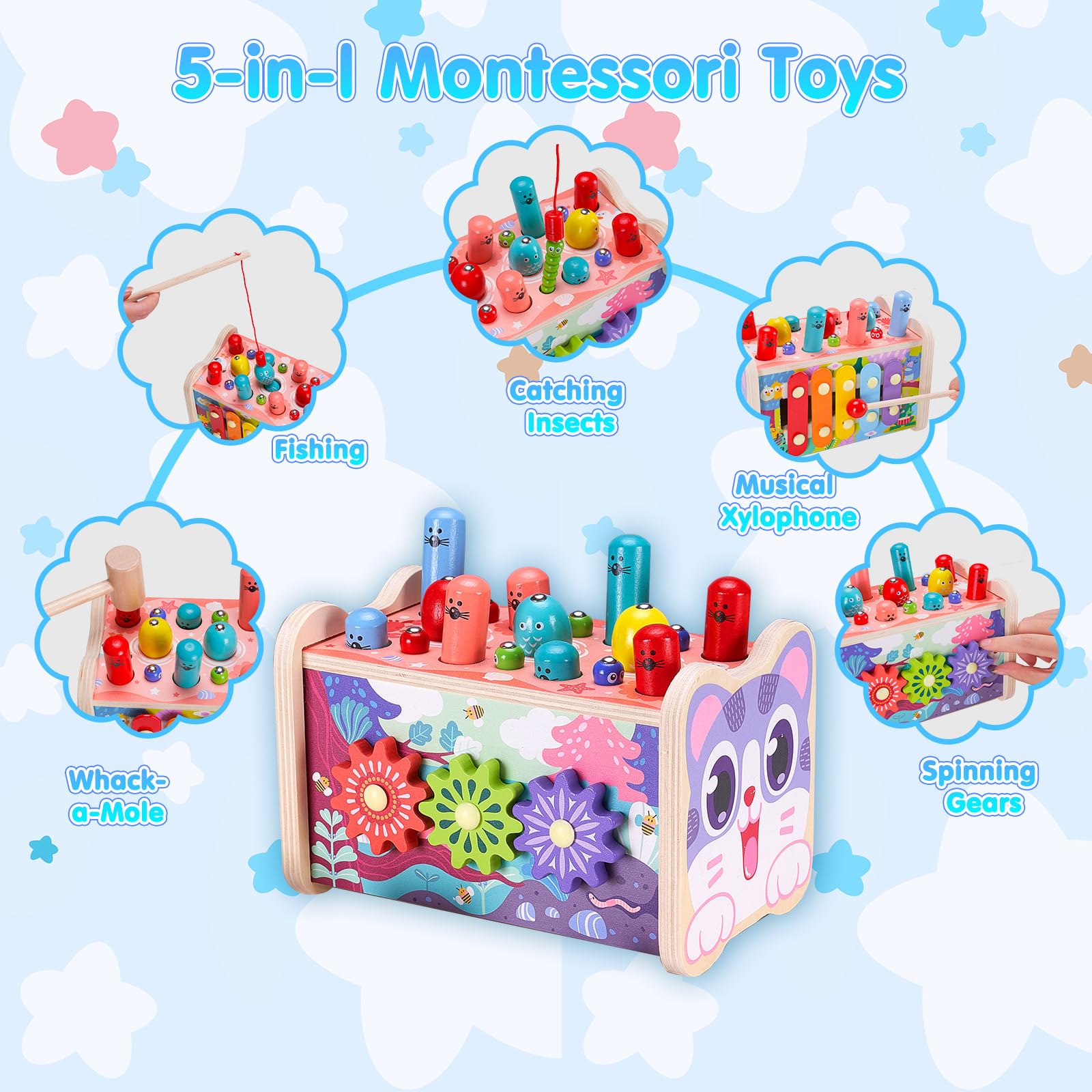 Jouet Montessori 6 En 1 Pour Bébé 1 An - Jeu De Taupe, Pêche, Xylophone Et Horloge