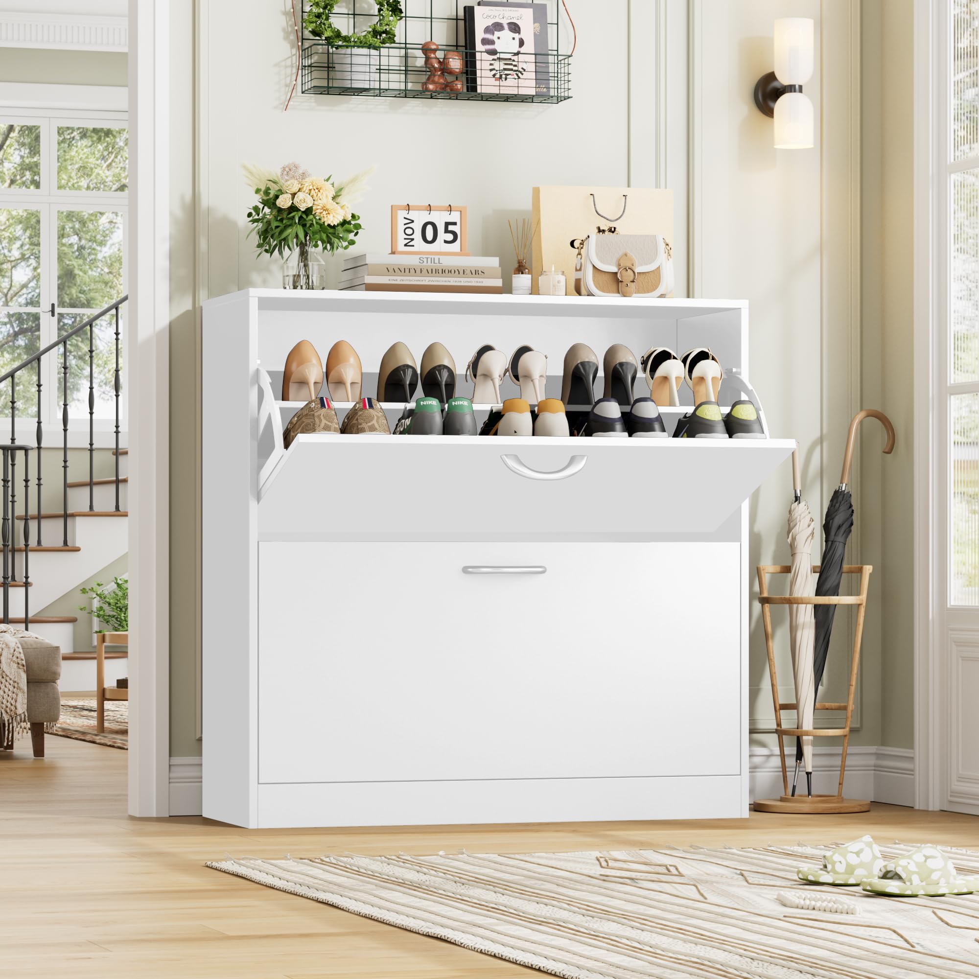 FirFurd Scarpiera Portascarpe,Scarpiera Slim Salvaspazio con 2 Ante a Ribalta,Divisore Regolabile e Rimovibile,per 12 Paia di Scarpe 80x23.5x80cm Bianco