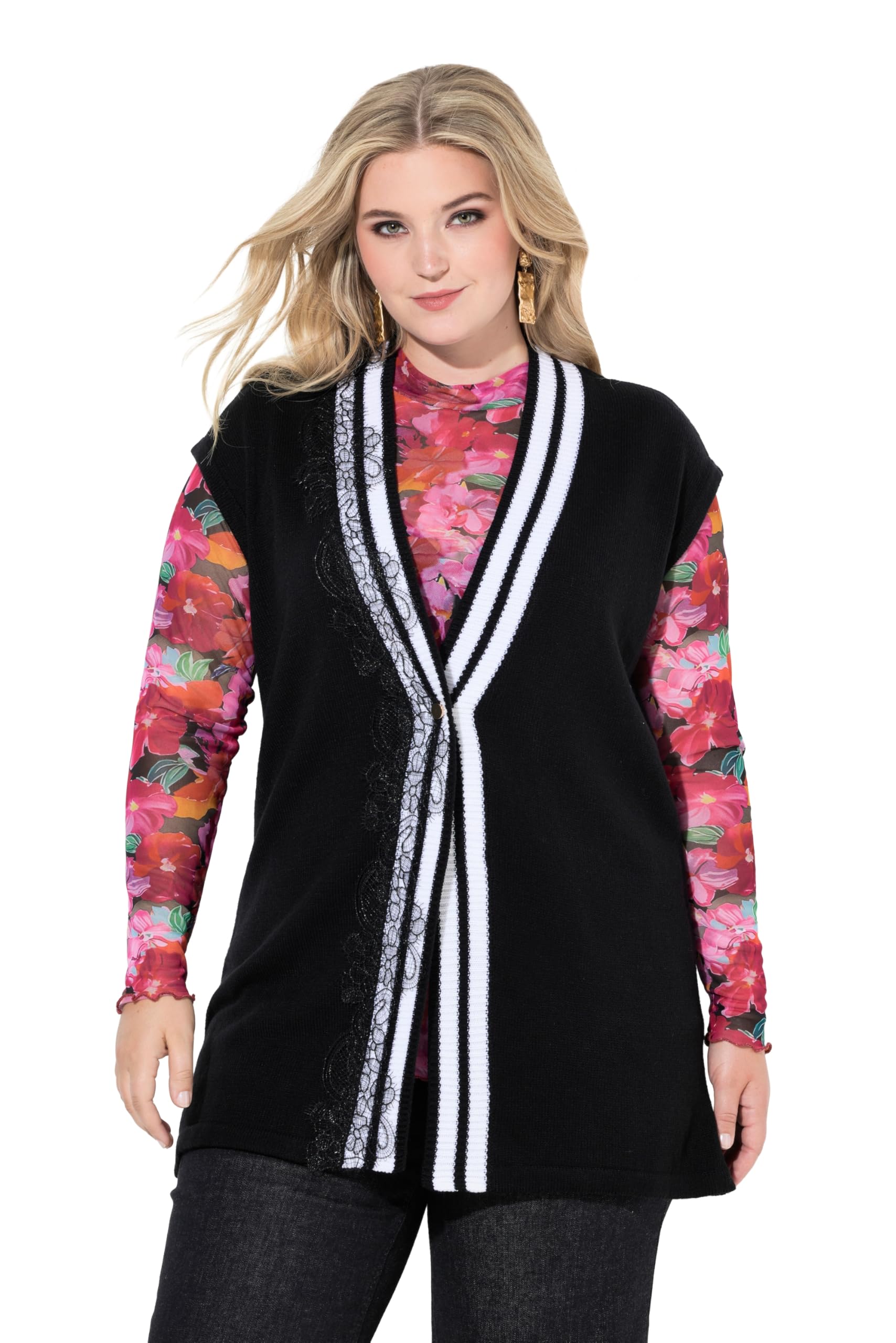 MIAMODA Damen große Größen Übergrößen Plus Size Strickweste, Straight Fit, Spitzenband und Streifen 845977