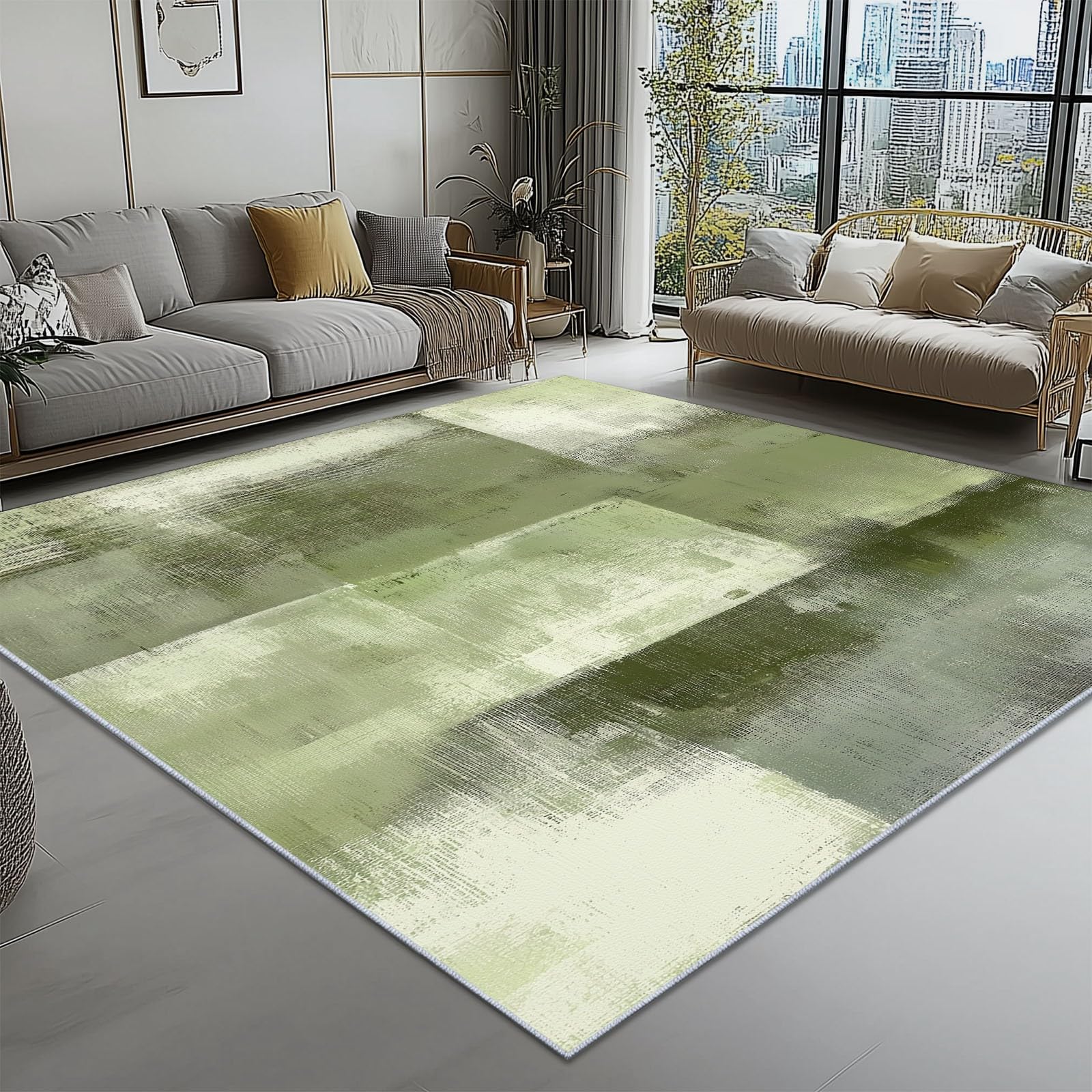 Lavabile in Lavatrice Tappeto per Soggiorno Camera da Letto Ufficio Decorazione 120 x 180 cm, Astratto Quadrati Pittura Digitale Tema Flanella Tappeti con Supporto Antiscivolo, Verde