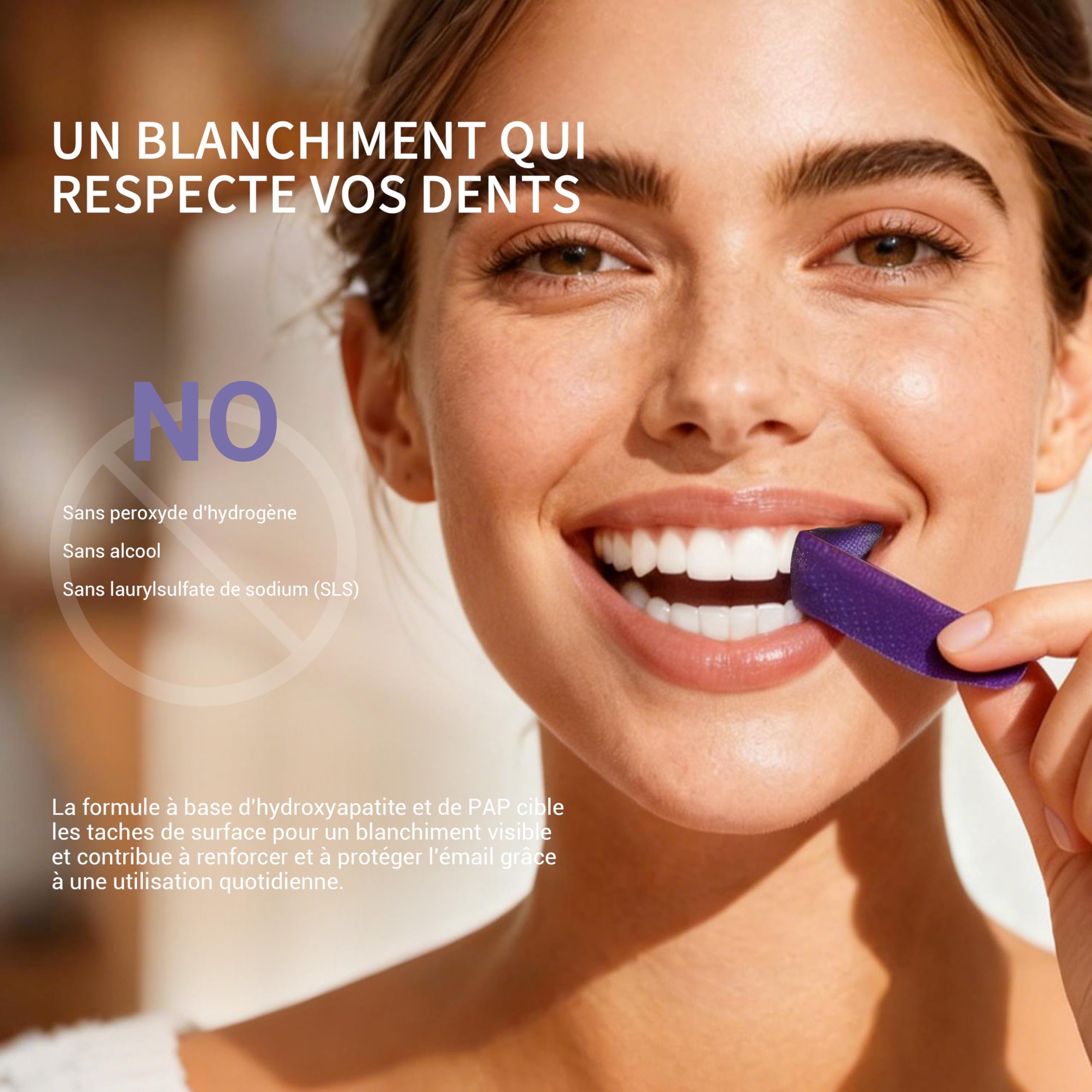Bandes blanchissantes violettes pour les dents - PAP + nHAP - Technologie violette correctrice - 42 bandes (21 utilisations) - Adaptées aux dents sensibles