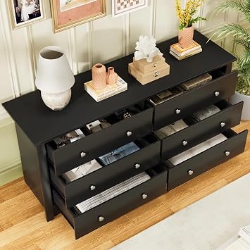Homall Dresser for Bedroom, 6 Drawer Dresser, Wood Chest of Drawers, Storage Dressers Organizer, for Living Room, Hallway, Entryway (Black)