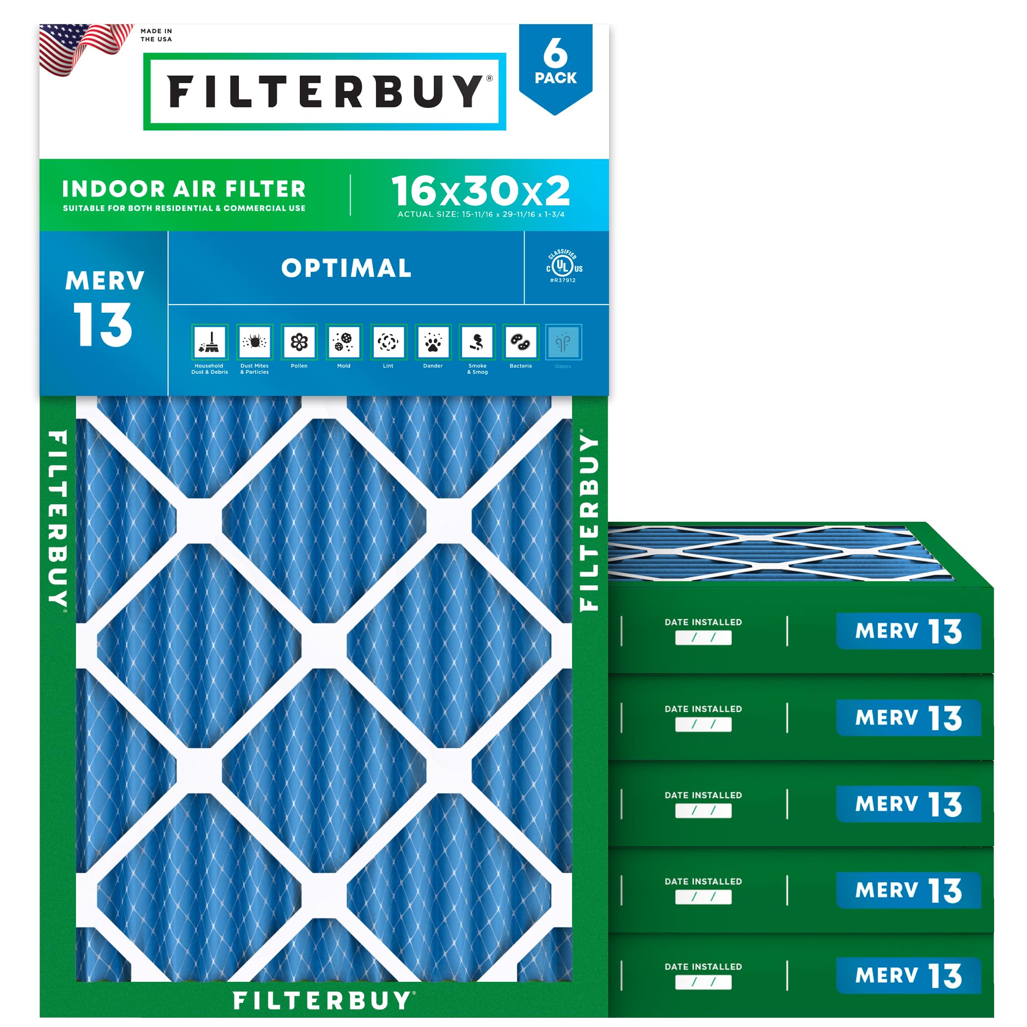 Filterbuy 16x30x2 Air Filter MERV 13 Smoke &amp; Allergy Defense (6-Pack)