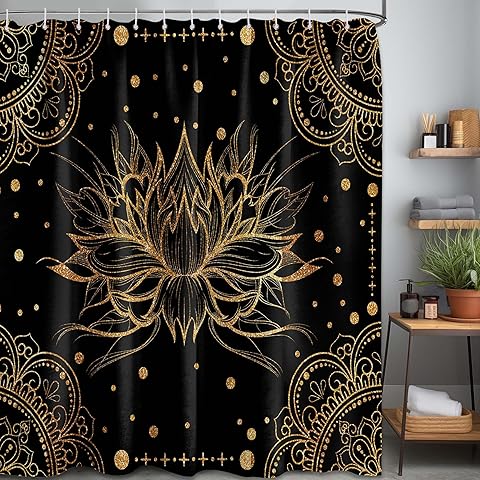 Lvetong Lotus Black and Gold Shower Curtain, Spiritual Shower Curtains for Bathroom Decor Spa Calming Artistic Bath Curtain Set, Waterproof Fabric with Hooks (70''W x 84''L)