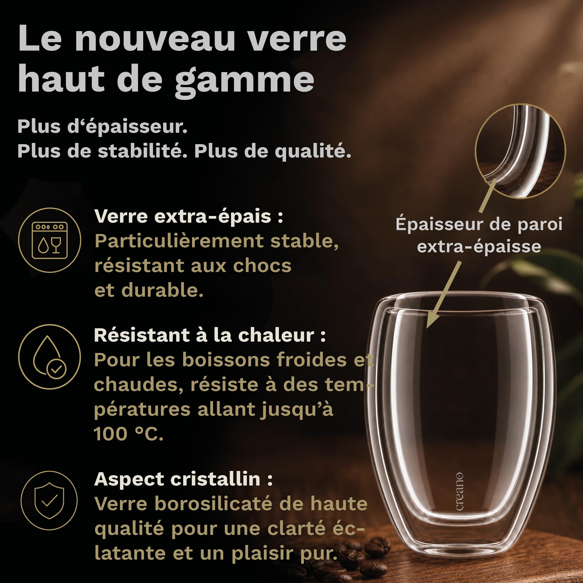 Creano PREMIUM Verres à double paroi 250 ml – Lot de 6 | 100 % compatibles lave-vaisselle grâce au joint GastroSeal – Qualité professionnelle
