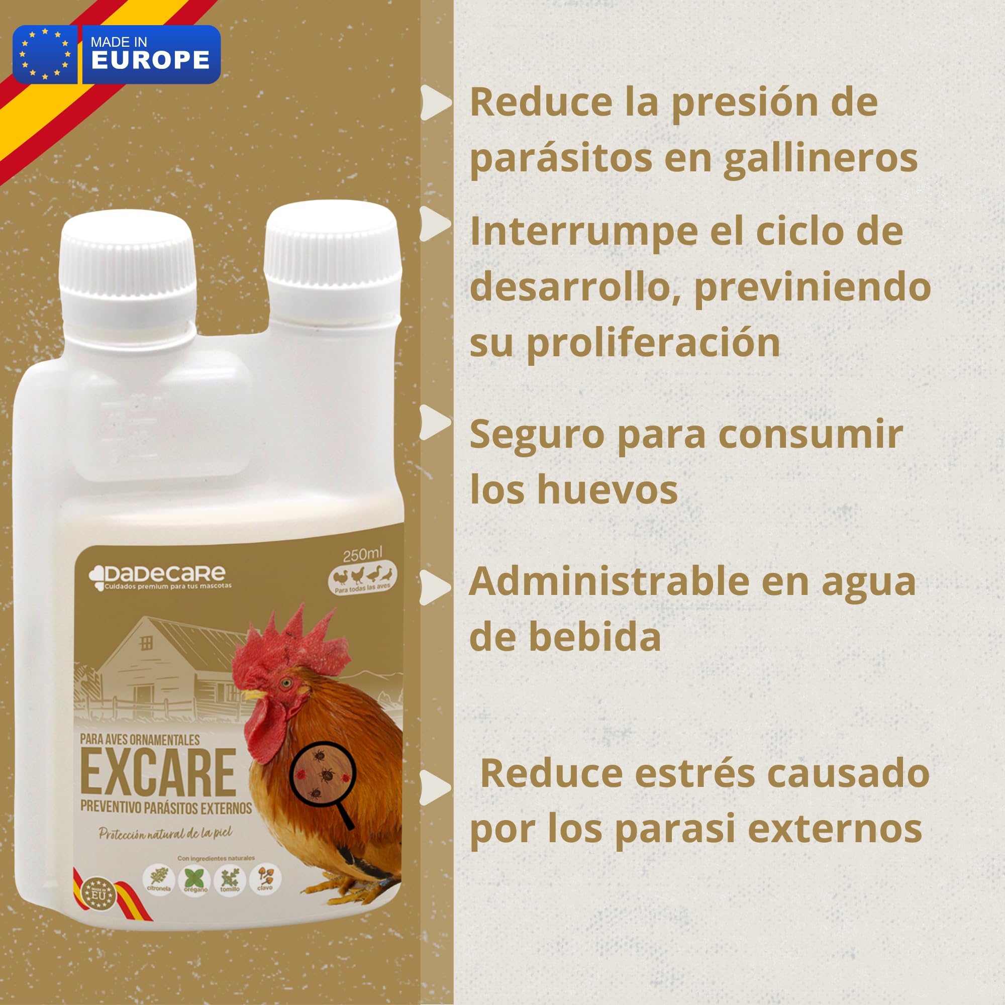 Preventivo Parasitos Natural 250 ml - Gallinas, Aves de Corral y Exóticas - Extracto de Citronela y Clavo - Fórmula Natural - Excare