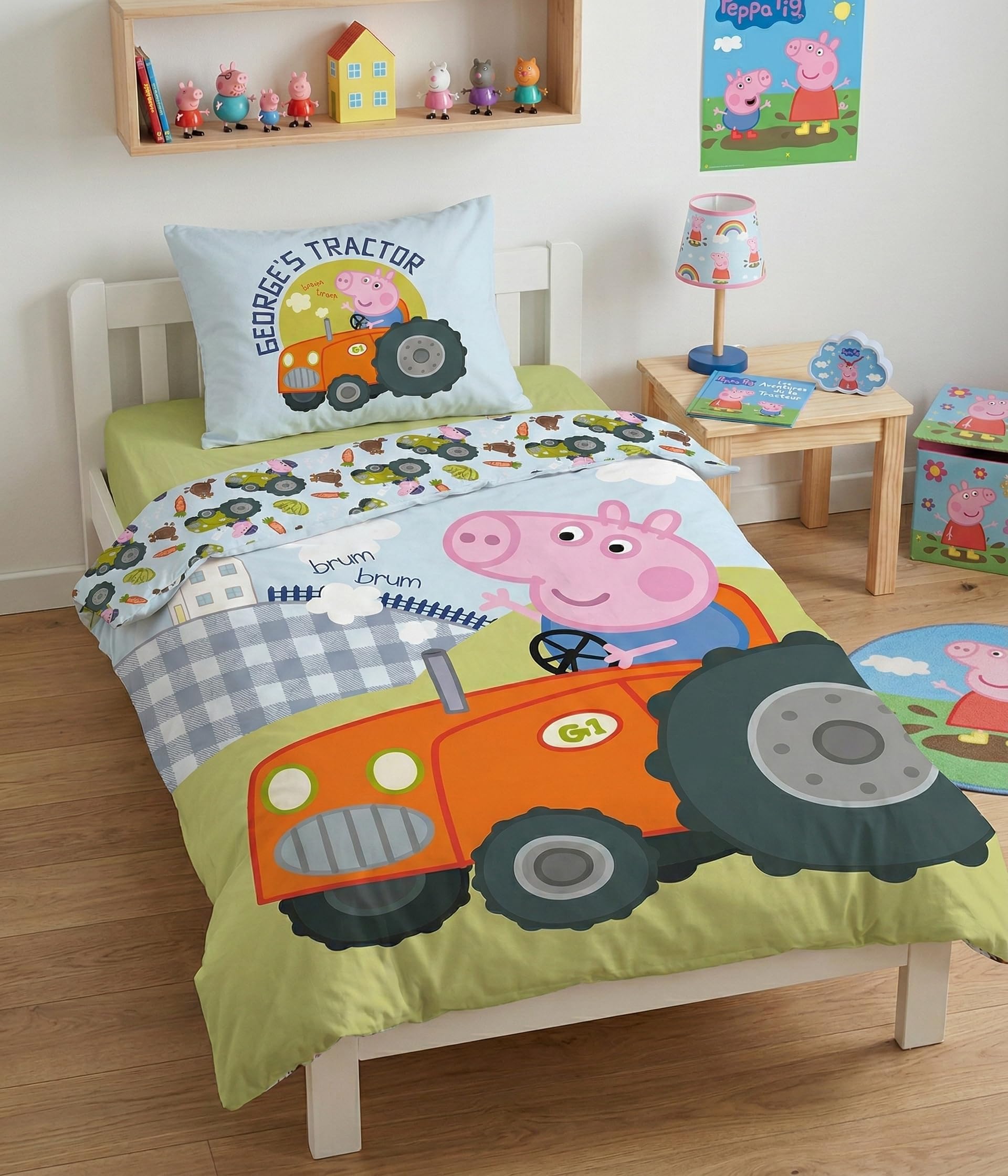 036 Peppa Pig - Biancheria da letto, biancheria per culla/biancheria per culla, Peppa Pig Georges, trattore, biancheria da letto reversibile, federa 40 x 60 + copripiumino 100 x 135 cm, 100% cotone