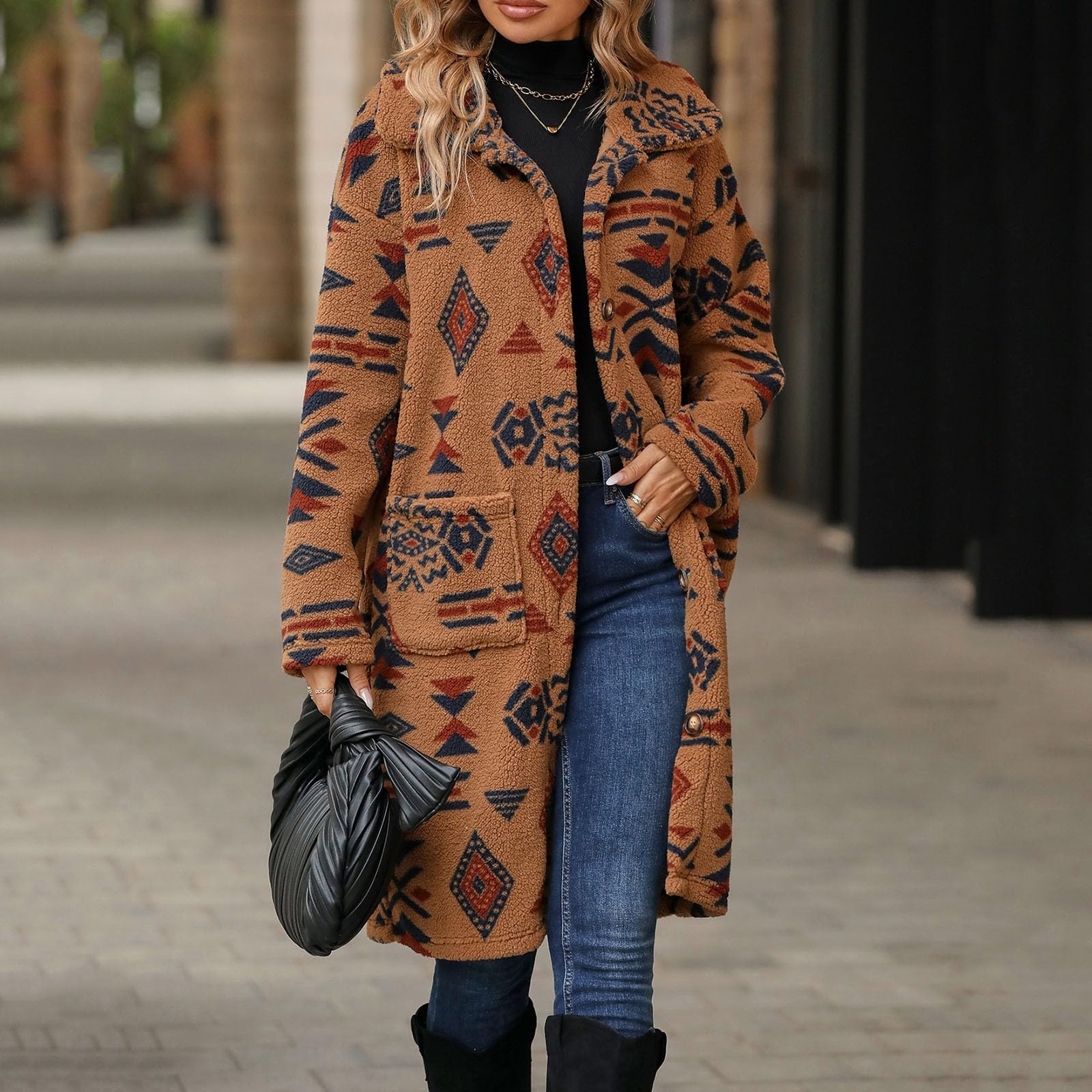Generisch Chaqueta de forro polar para mujer, estilo étnico, chaqueta larga de invierno, chaqueta de forro polar de manga larga, chaqueta de forro polar, abrigo de invierno con bolsillos, chaqueta de