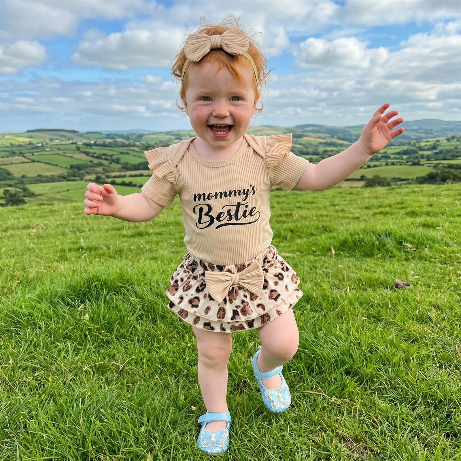 Ensemble Vêtement Bébé Fille Eté 3 Pcs Body à Manches Courtes à Volant + Jupe Short Léopard à Taille Elastique Tenues