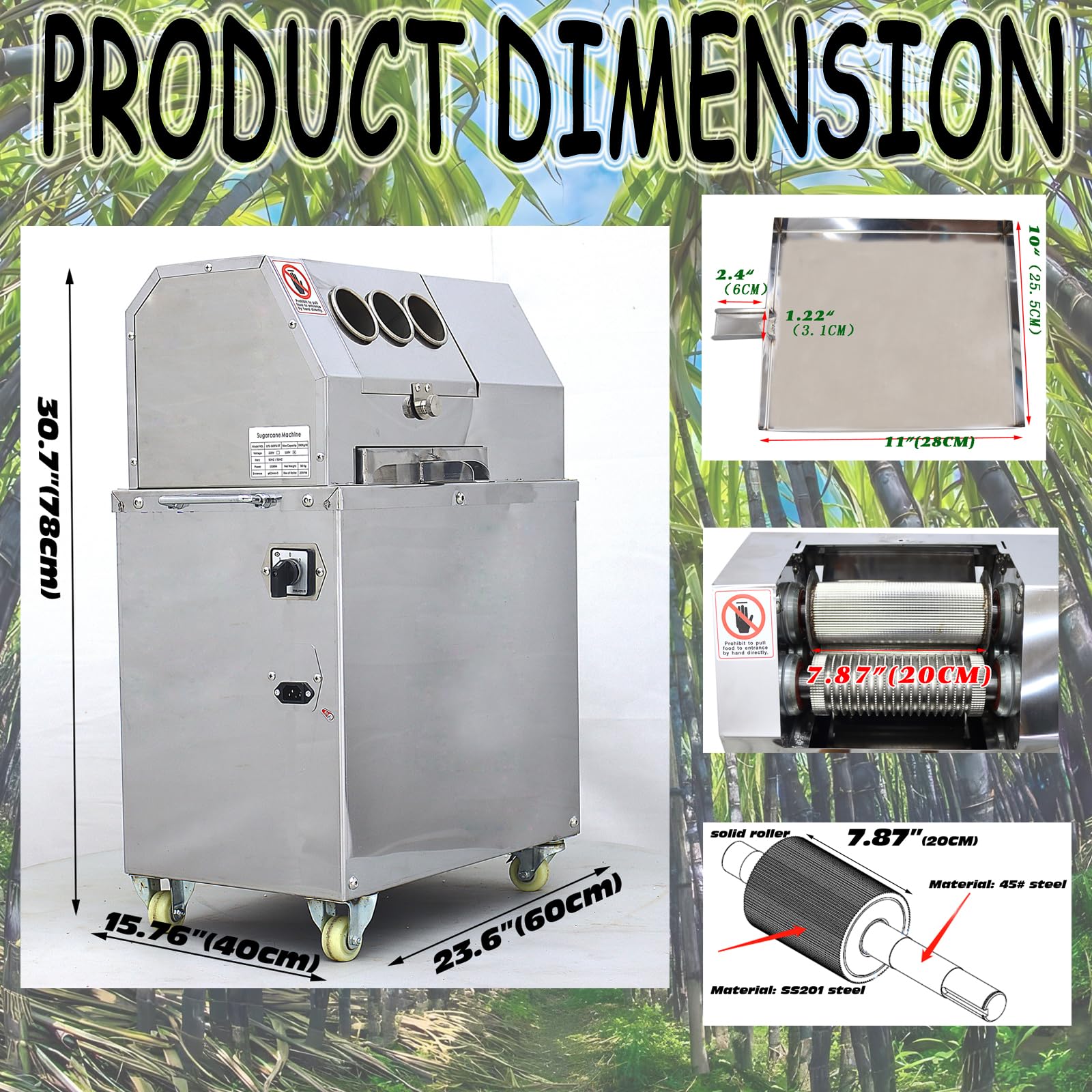 Banfluxion 110V 1.5KW Electric Sugarcane Press 3 Rolls Vertical Sugar Cane Ginger Press Juicer Stainless Steel Sugarcane Juicer Grinder Extractor with 3 Feed Port and 2 Sets Peeling Knives