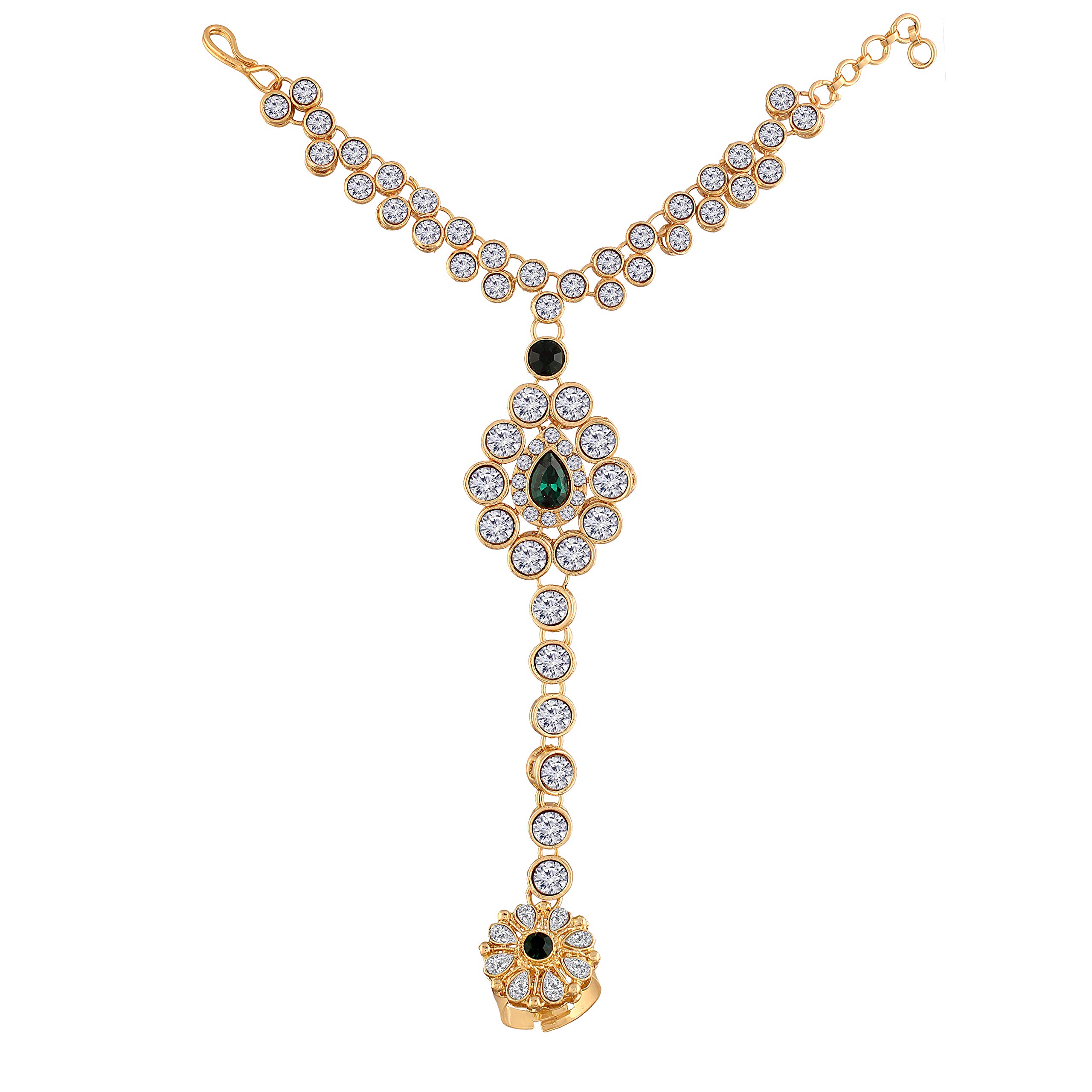 I JewelsTraditional Gold Plated CZ Haath Phool/Panja/Adjustable Bracelet with Ring for Women (PIJ020G) (Pack of 1)