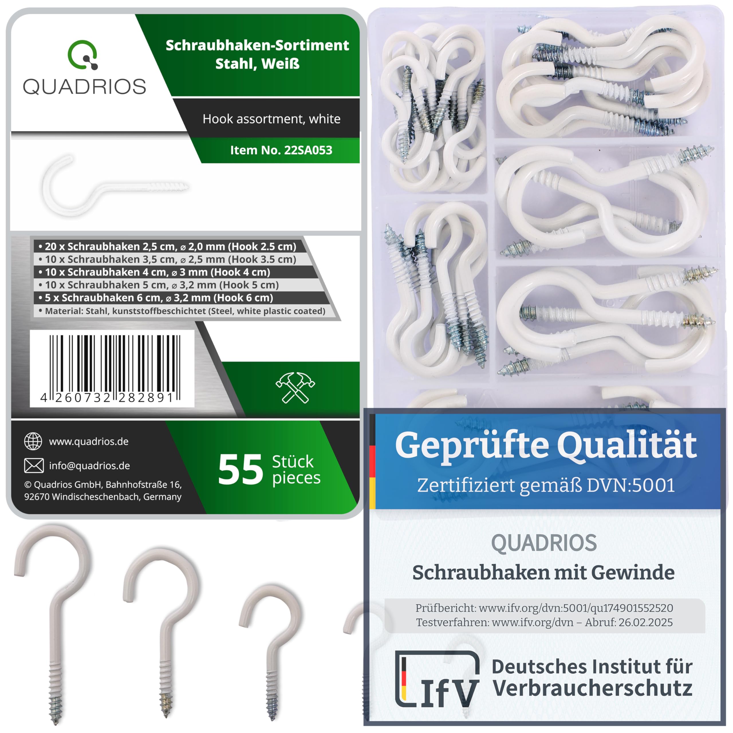 QUADRIOS Schraubhaken Set – 55 Stück Hakenschrauben aus beschichtetem Stahl, Weiß – Decken- & Wandhaken für Innen & Außen