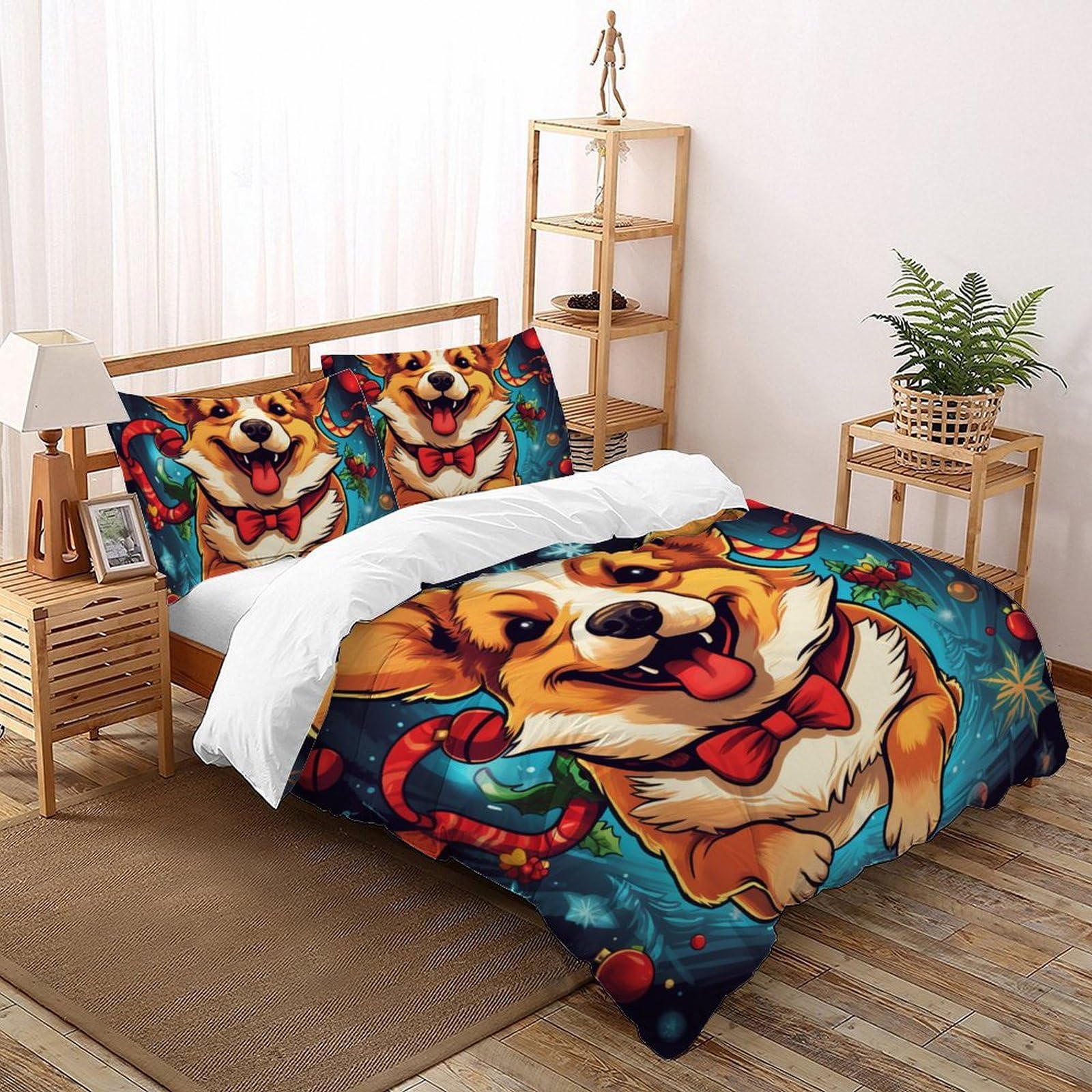 Housse de couette double chien 200x200 parure lit animaux zippée