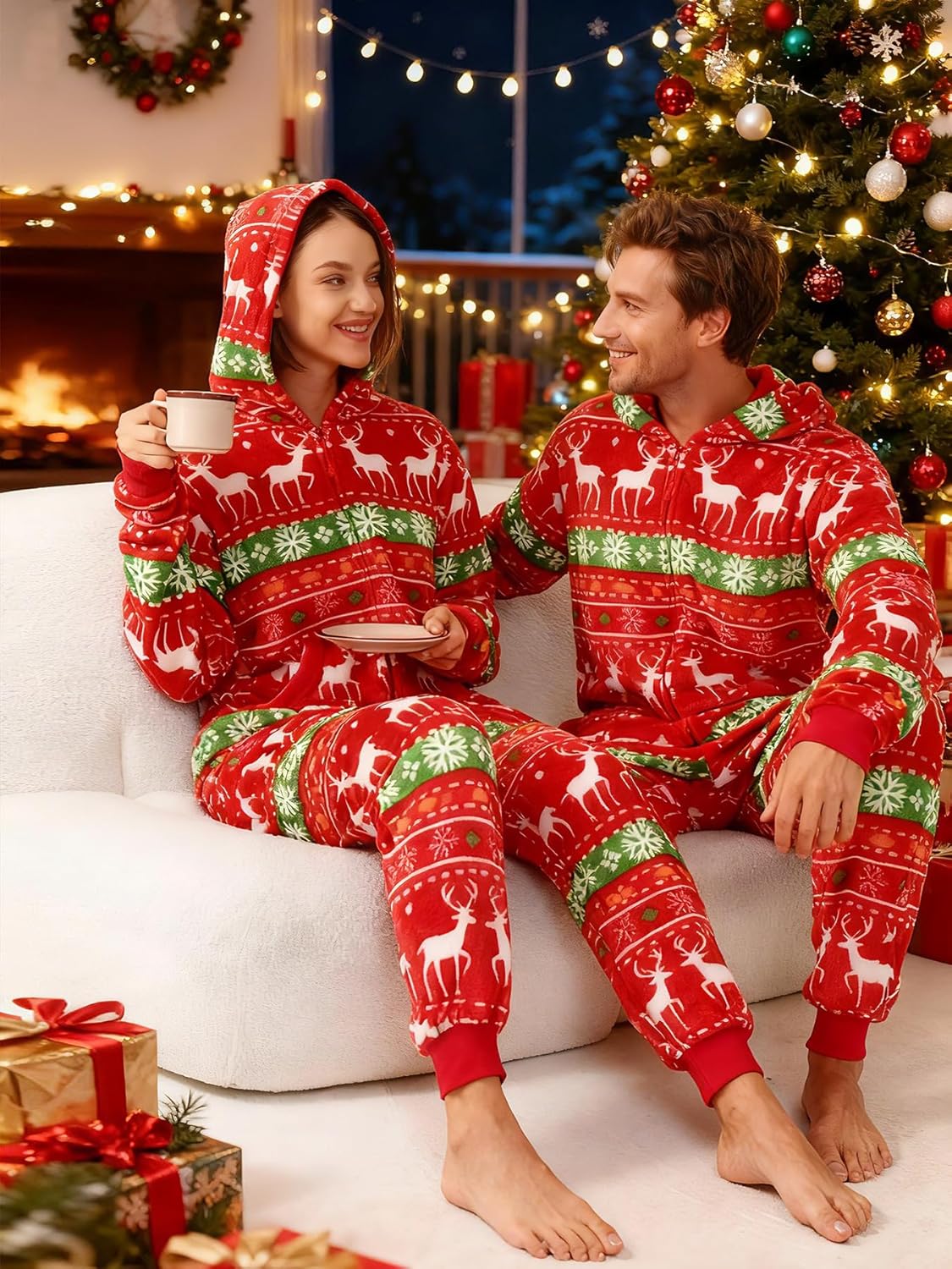 Lifeye Men and Women Christmas Pajamas Flannel Jumpsuit Couple Matching Family One Piece Sleepwear Hooded Zip Homewear - Image 6
