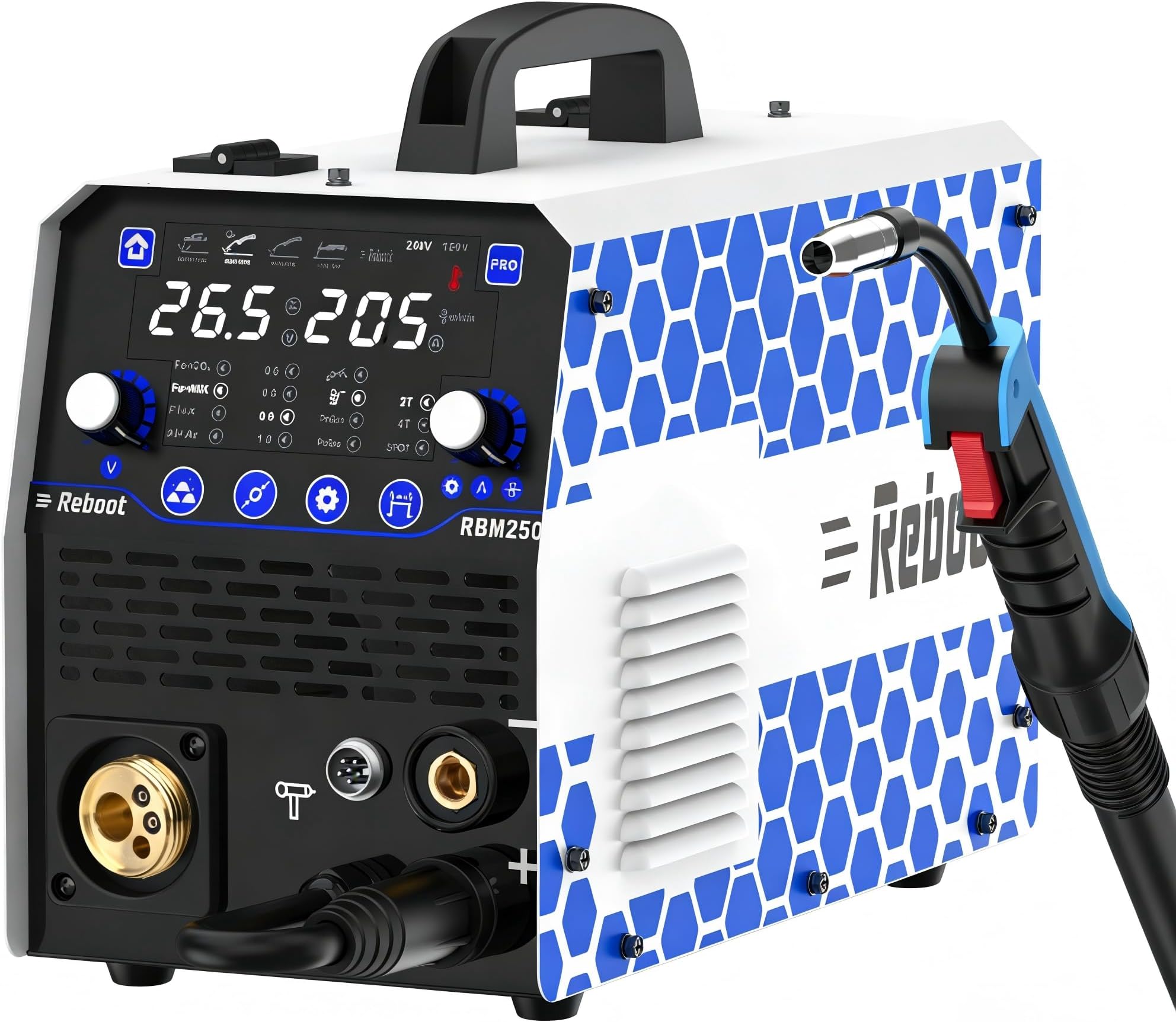 Reboot 7-in-1 Welder 205A MIG MAG Gasless MMA Lift TIG Spot Welding Aluminium Ready – Digital Display 240V with MIG Torch – Multiprocess Welding Machine for Workshop DIY
