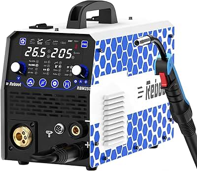 Reboot Soldadora multifunción 7 en 1 205 A – MIG/MAG, sin gas, MMA, Lift-TIG, soldadura por puntos, preparación de aluminio, pantalla digital, 240 V, ideal para bricolaje y taller