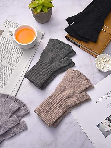 Miniatura 6 de SATINIOR Guantes sin dedos para mujer, guantes de escritura de medio dedo con puño largo para muñeca, guantes de punto sin dedos para mujer