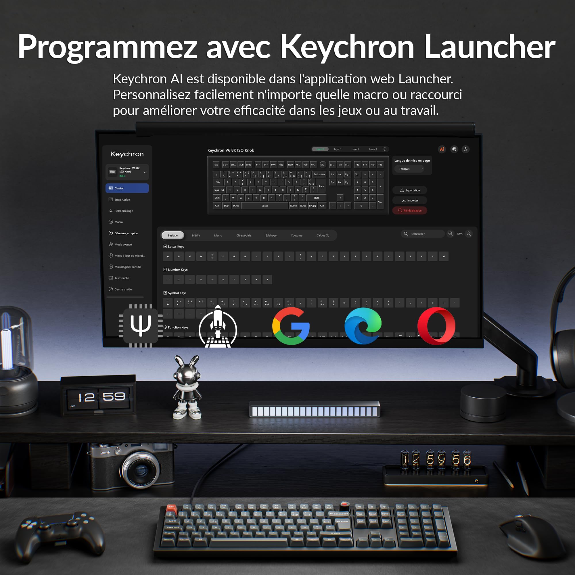 Keychron V6 8K Clavier Mécanique Filaire avec Knob, ISO-FR Layout, 8000 Hz Polling Rate, Programmable QMK, Touches OSA PBT, Interrupteur Marron, Rétroéclairage RGB, Compatible Mac, Windows et Linux