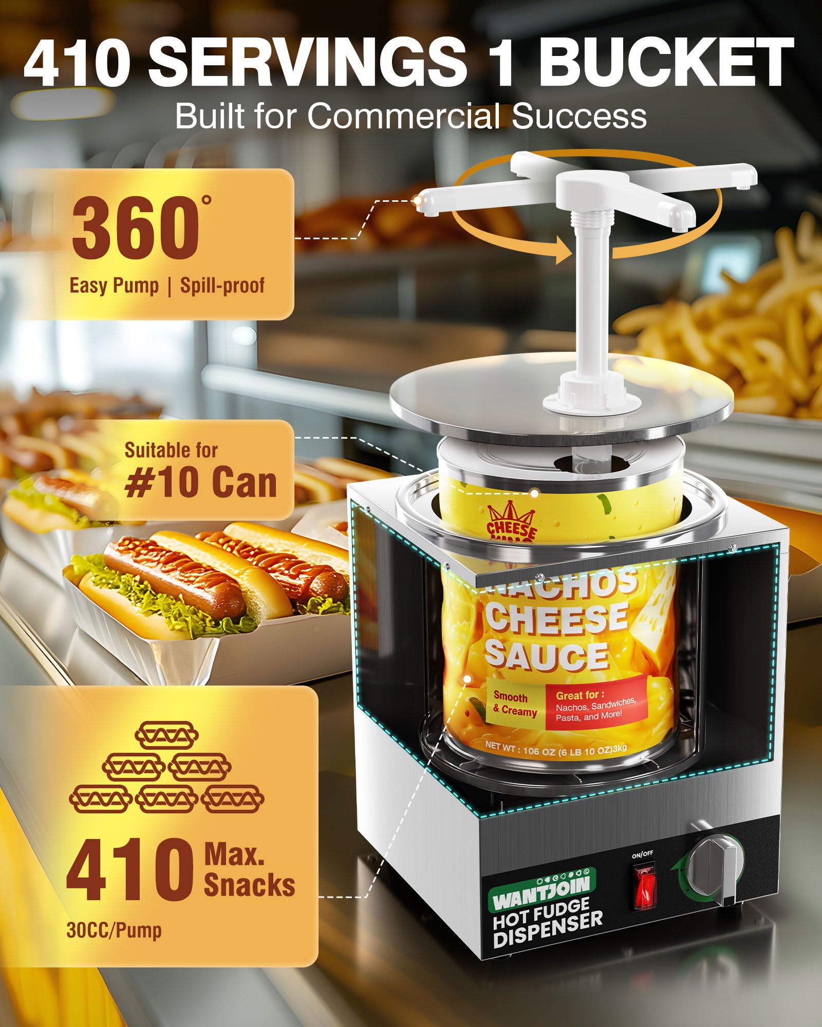 WantJoin Dispensador de queso Nacho con bomba, calentador de queso nacho de 4.6 cuartos de galón, calentador de caramelo caliente de acero inoxidable con ajuste de temperatura de 5 niveles