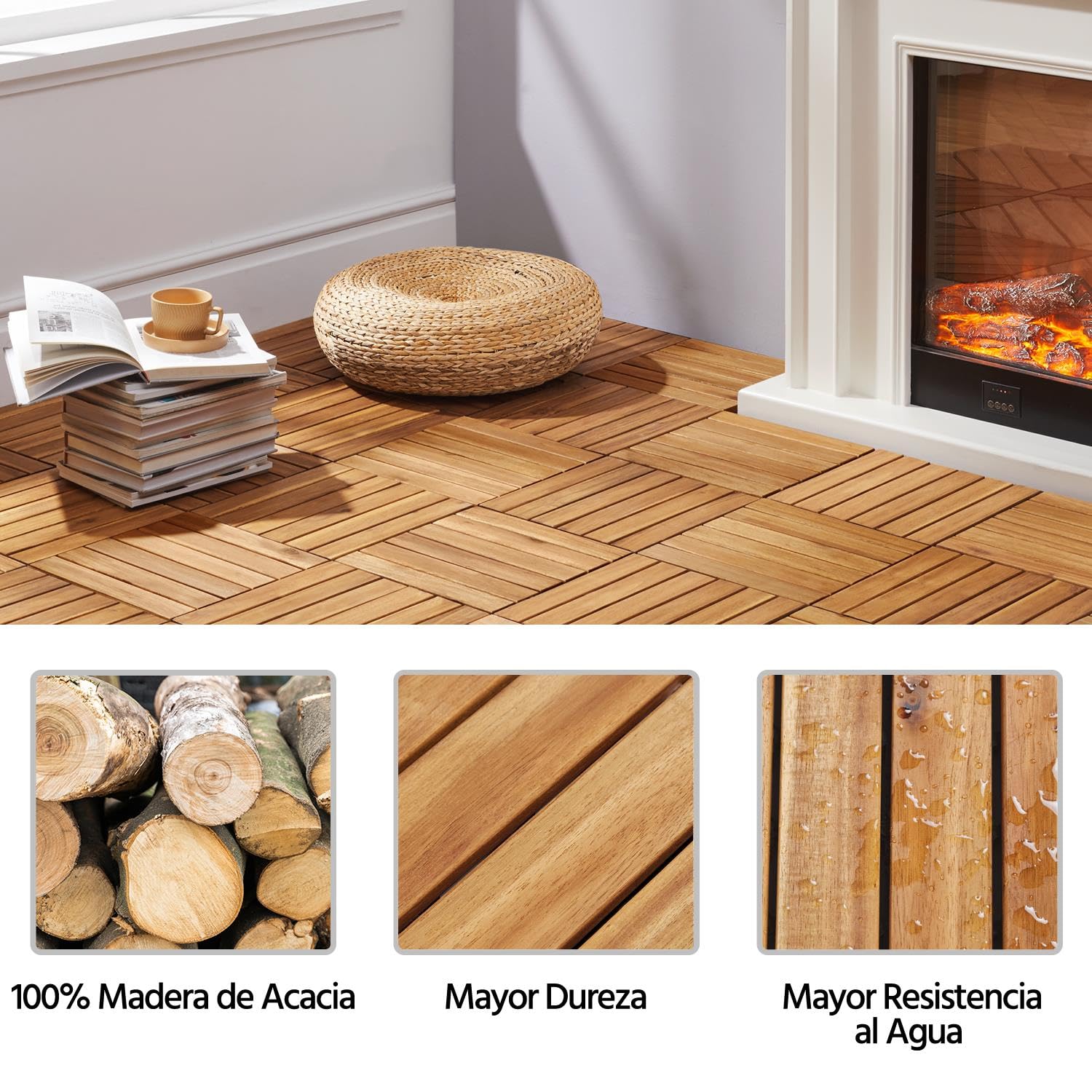 Yaheetech 27pcs Baldosas de Madera de Acacia 30x30cm,2,6m² Suelo Terraza Exterior Azulejos de Entrelazados para Jardín o Balcón Instalación Sencilla