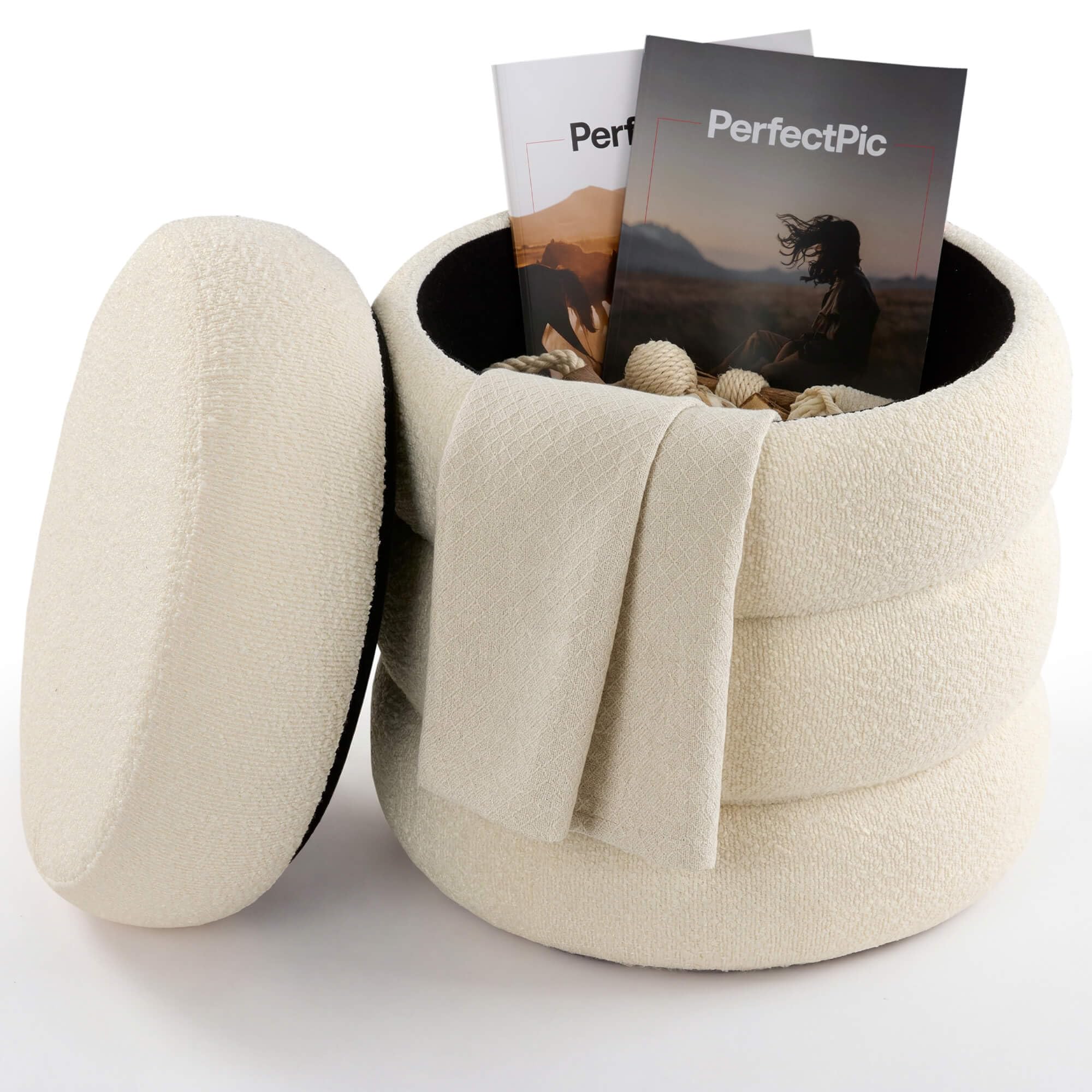 AREBOS Pouf contenitore Ø42 cm | Bouclé | Pouf imbottito | 120 kg | Pouf rotondo con coperchio rimovibile, morbido tessuto bouclé e pratico vano portaoggetti
