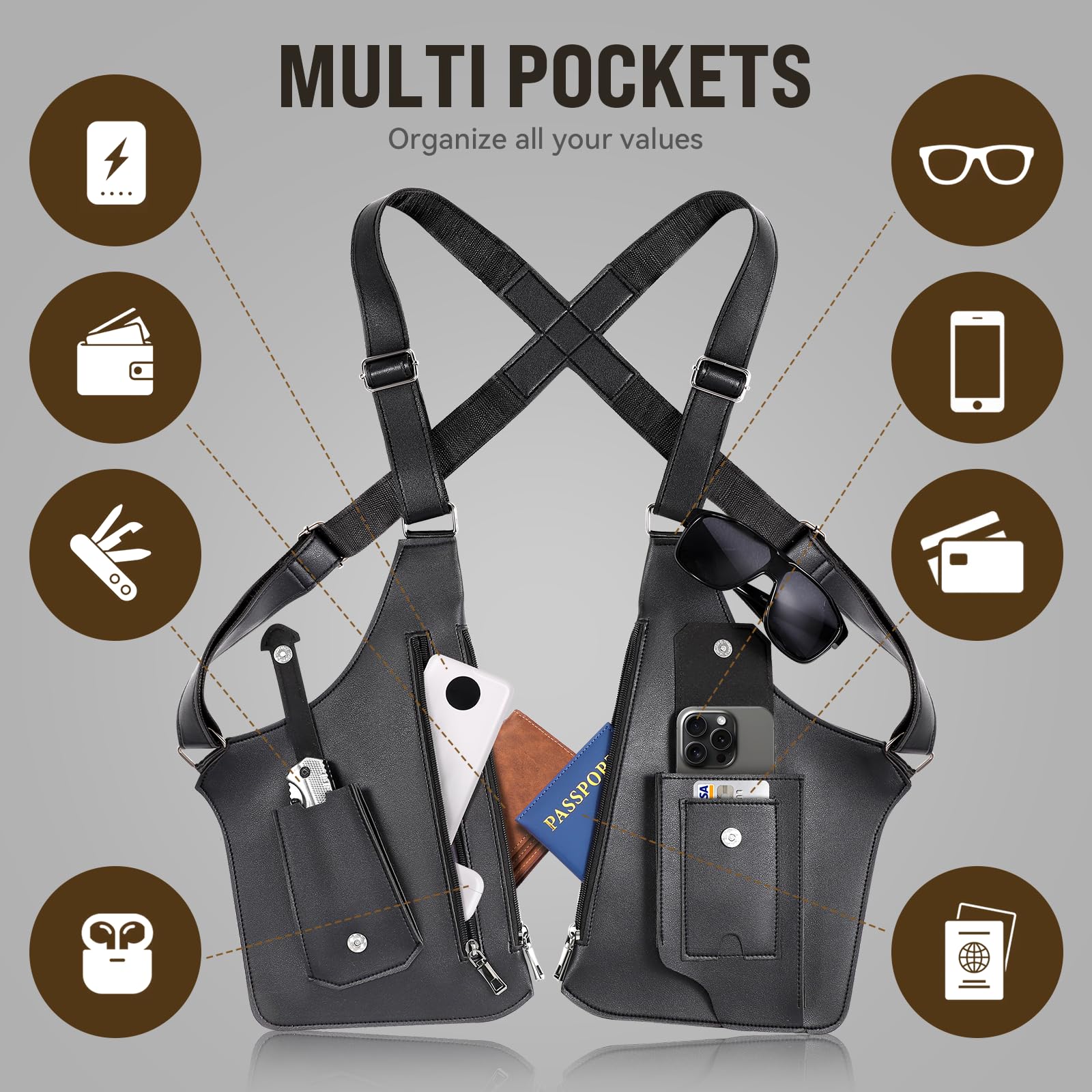 Große Doppel-Schulter-Achseltasche für Herren 2026, verbesserte Anti-Diebstahl-Unterarm-Holstertasche, Vintage-PU-Leder, verdeckte Umhängetasche, Handy-Tasche für Reisen, Outdoor, Radfahren, Arbeit