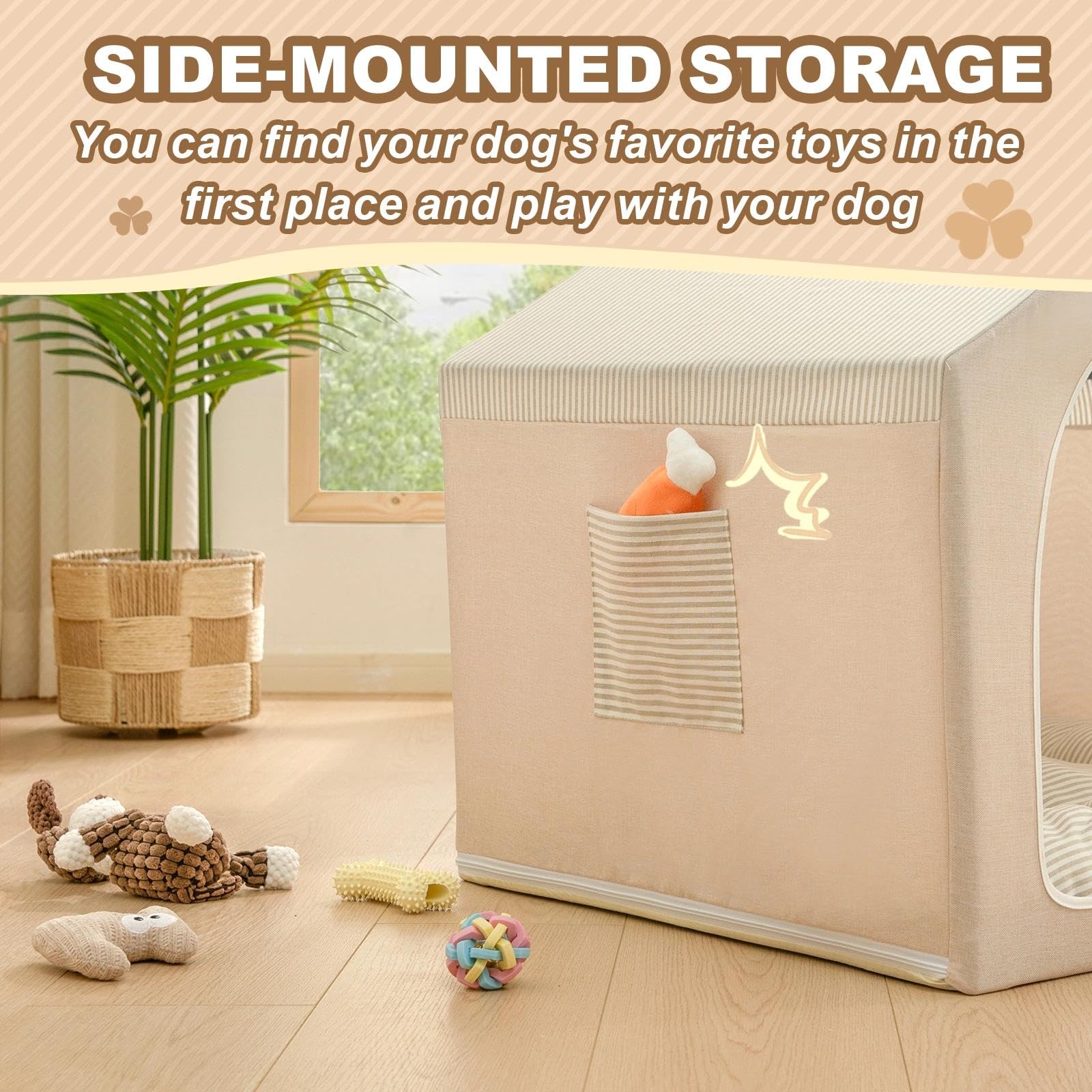 Jiupety Cuccia per cani da interno con telaio, graziosa tenda per cani con grotta di copertura, traspirante, lavabile e pieghevole, adatta per 9-18 kg, grande (63 x 63 x 63 cm), beige