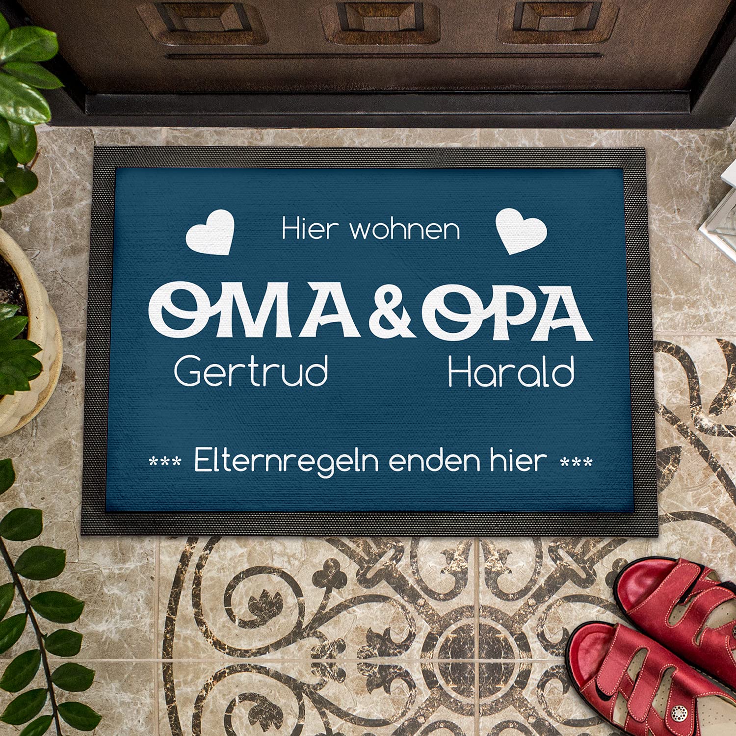 Fußmatte personalisiert Oma und Opa | Geschenk Oma und Opa Geburtstag | Elternregeln Enden Hier | Fussmatte mit Personalisierung | Schmutzfangmatte innen | Geschenkidee Großeltern | 75x50cm mit Rand
