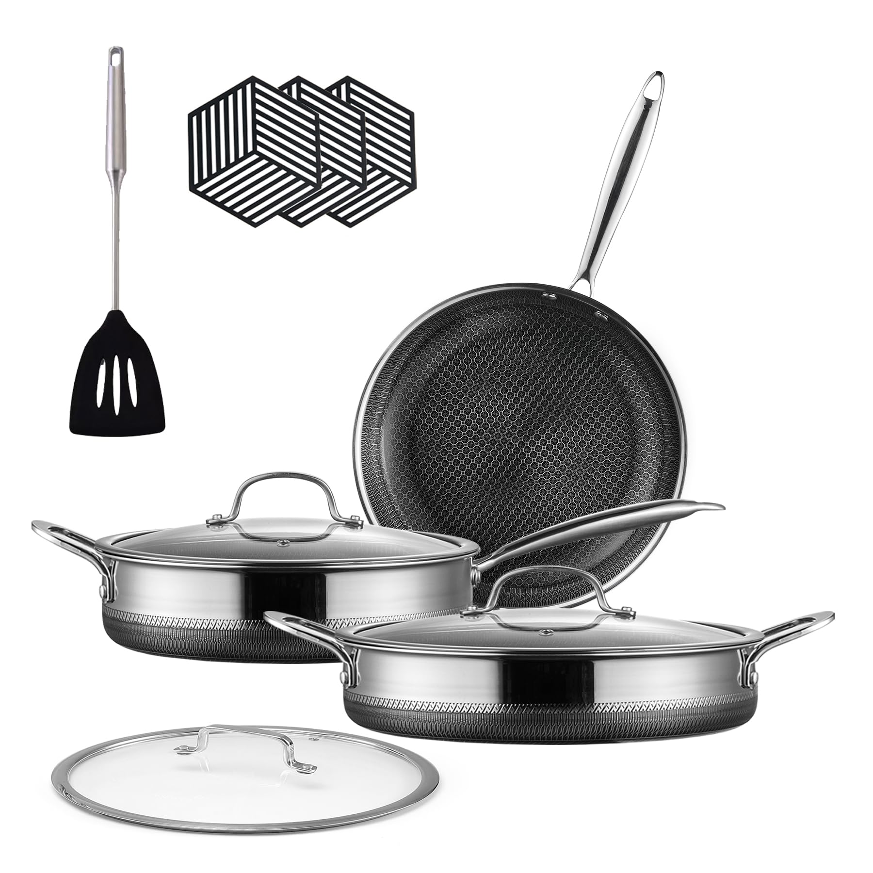 USELUCK Hybrid Stainless Steel Pots and Pans Set Non Stick 10 Piece Tri-play Nonstick Cookware Sets Non-toxic Saute Pan with Tempered Glass Lids,Stay Cool Handles,Induction Dishwasher&Oven Safe
