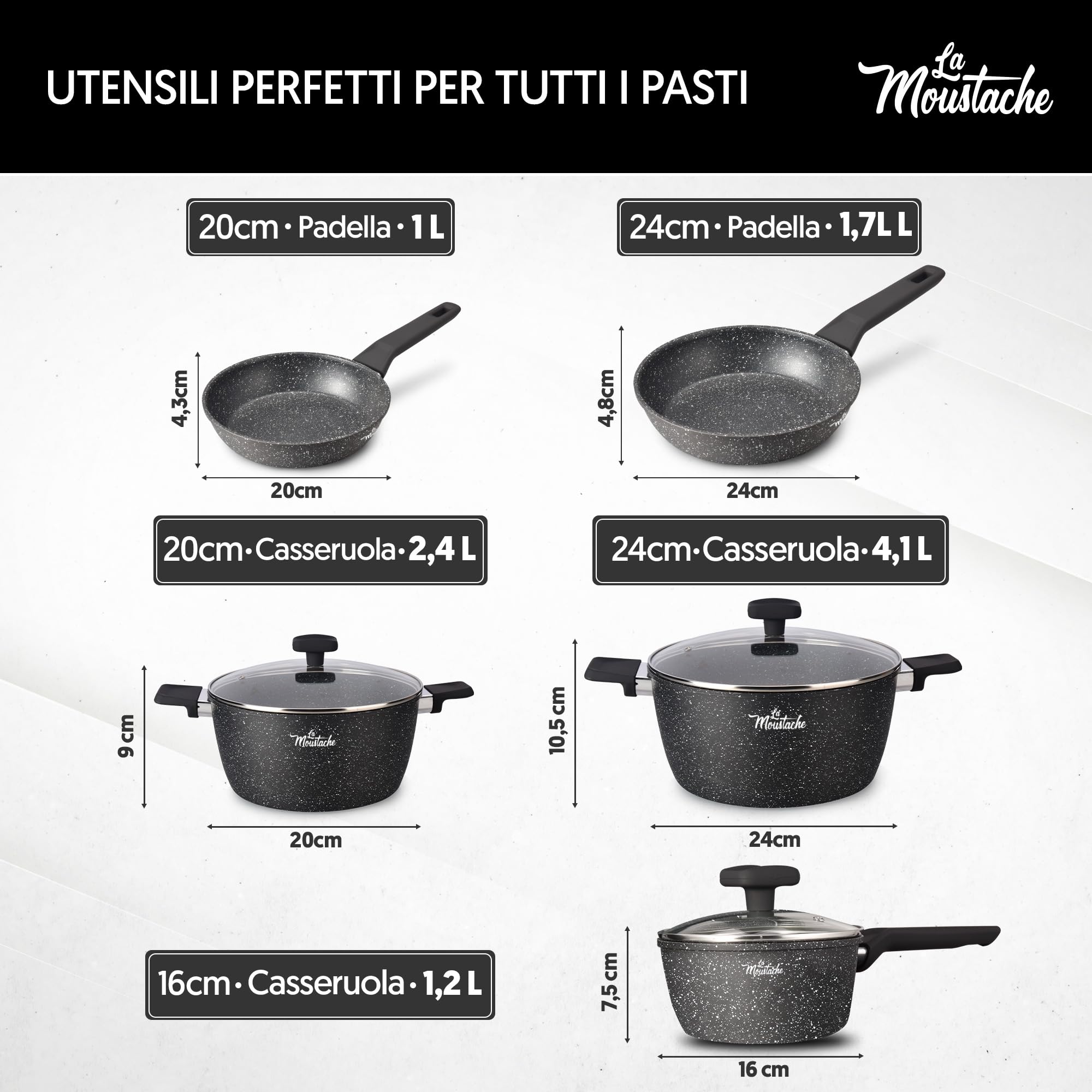 La Moustache - Batteria di Pentole【8 Pezzi】a Induzione in Alluminio con Antiaderente, Set di 3 Casseruole Ø 16/20/24 cm, 3 Coperchi e 2 Padelle Ø 20/24 cm, Manici in Bakelite (Onix)