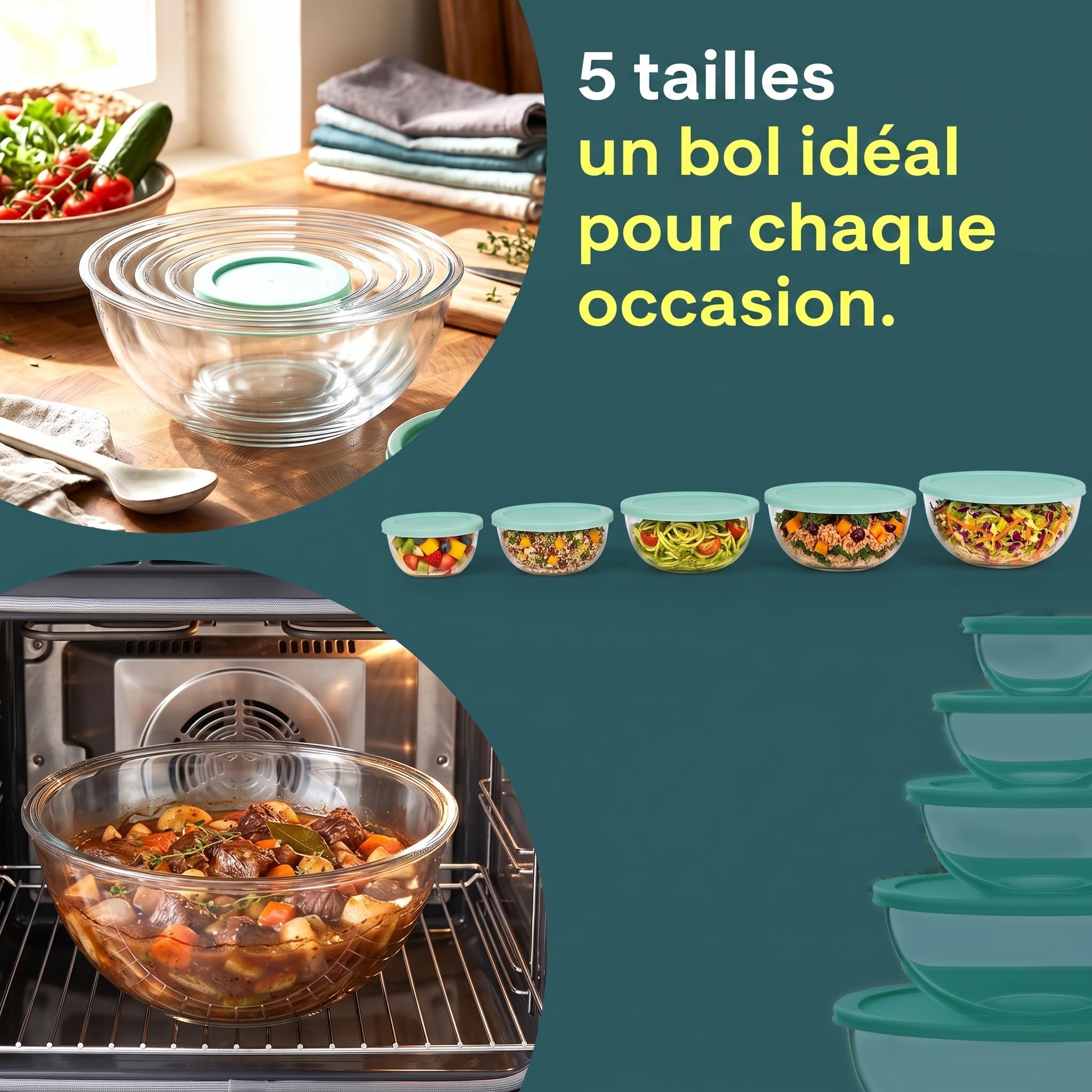 uandu Lot de 5 Saladiers en Verre avec Couvercle – Bol en Verre Borosilicaté Sans BPA, Empilables, Compatibles Four, Micro-ondes et Lave-vaisselle, 189-3312ml, Grand Saladier pour Cuisine