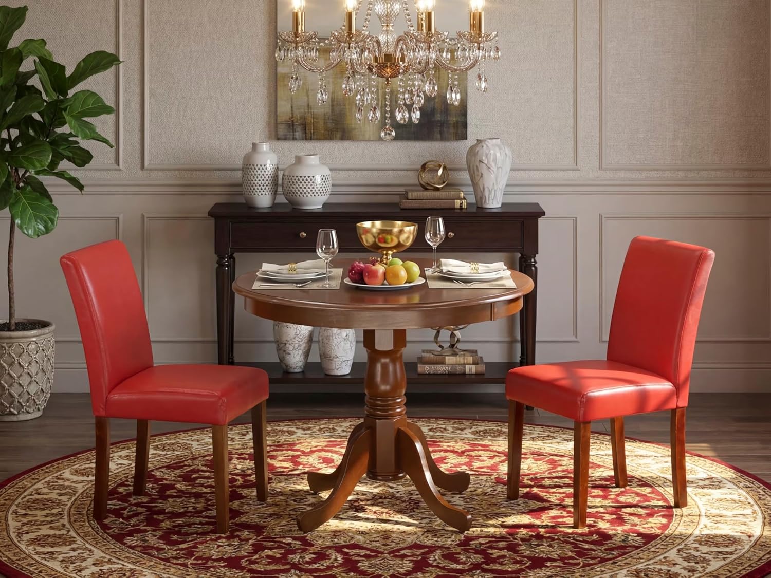 East West Furniture ANAB3-MAH-72 3 Piece Dinette Set for Small Spaces Contains a Round Kitchen Table with Pedestal and 2 Firebrick Red Faux Leather Parsons Chairs, 36x36 Inch, Mahogany