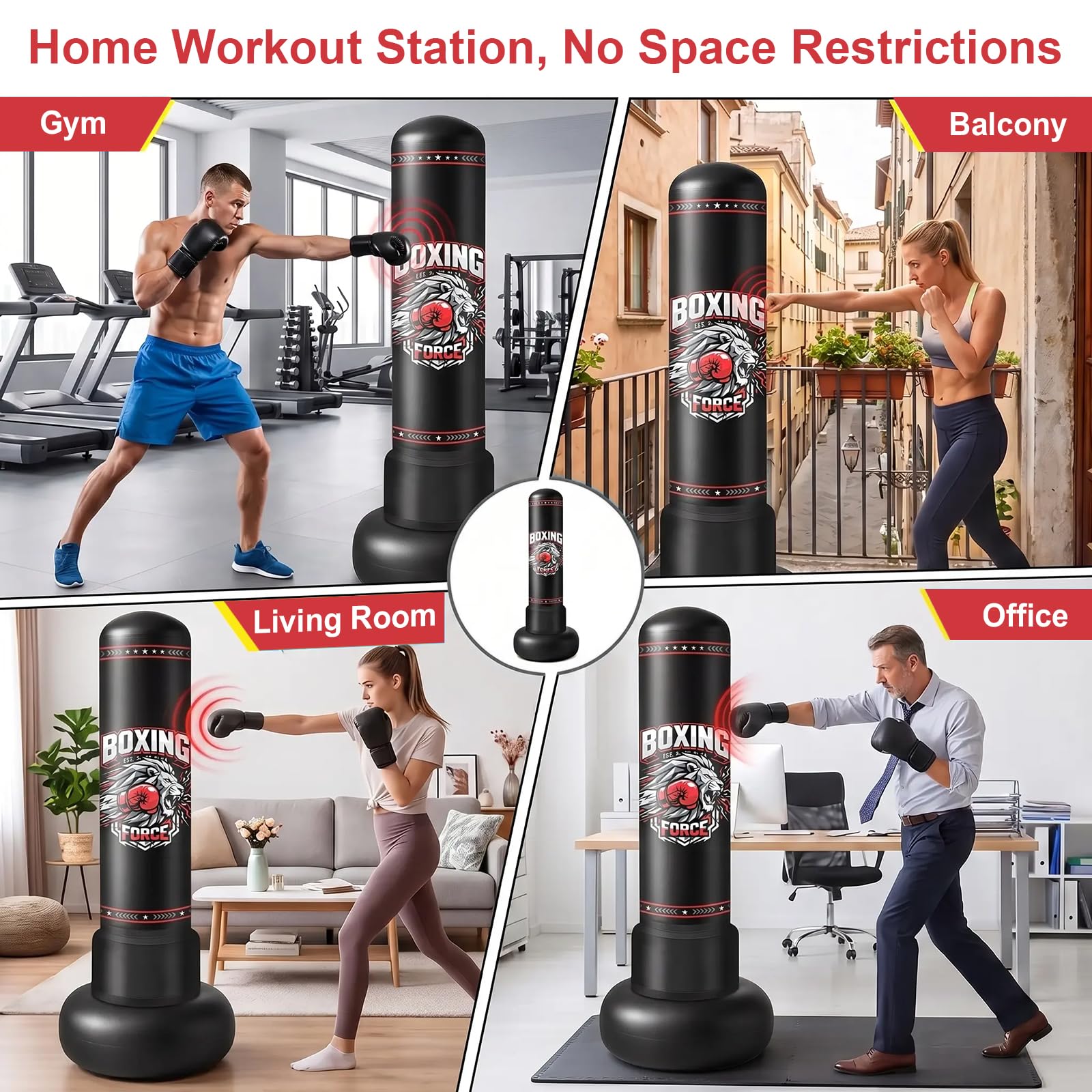 Qoosea Sacco da Boxe da Terra 190cm, Stabile Sacco da Boxe per Adulti Pungiball con Guantoni e Pompa, Sacchi da Box Gonfiabile per Pratica di TaekwondoKarate MMA Fitness