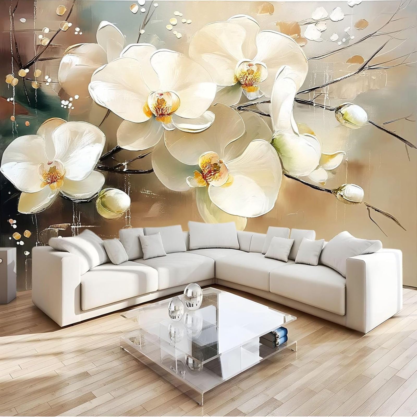 Orchid Photo Wallpaper, White Art Non-woven Wall Mural, Beige Wallpaper for Living Room, Bedroom, Office, Hallway, Teenager's Room, Wall Decor, 250cm x 175cm, Stickers - Frameless Painting - Poster