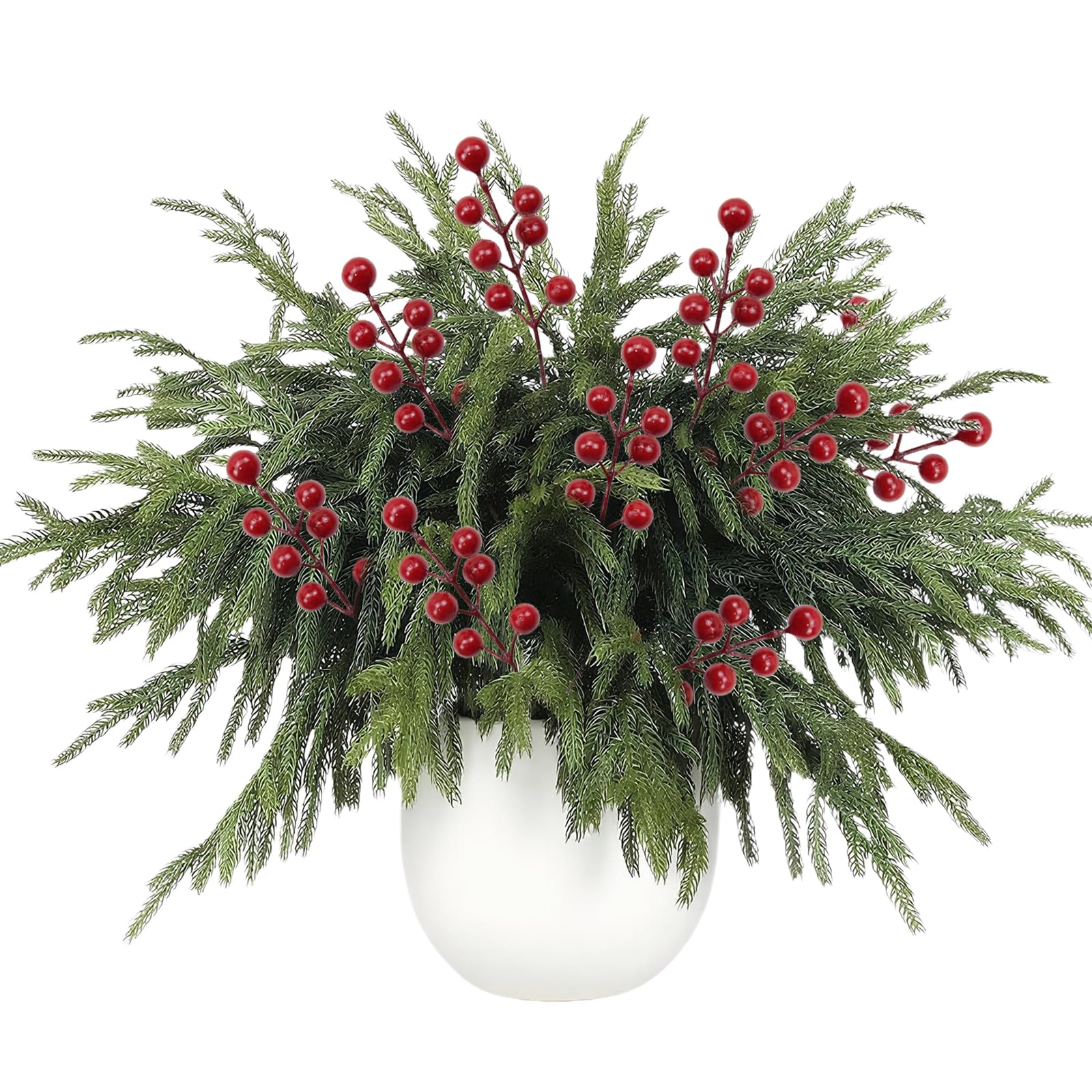 Uoxmiy 30pcs Christmas Norfolk Pine Branches Artificial Greenery Foliage 15pcs Red Berry Stems Christmas Greenery Foliage Sprigs Wreath Making DIY Home Decor