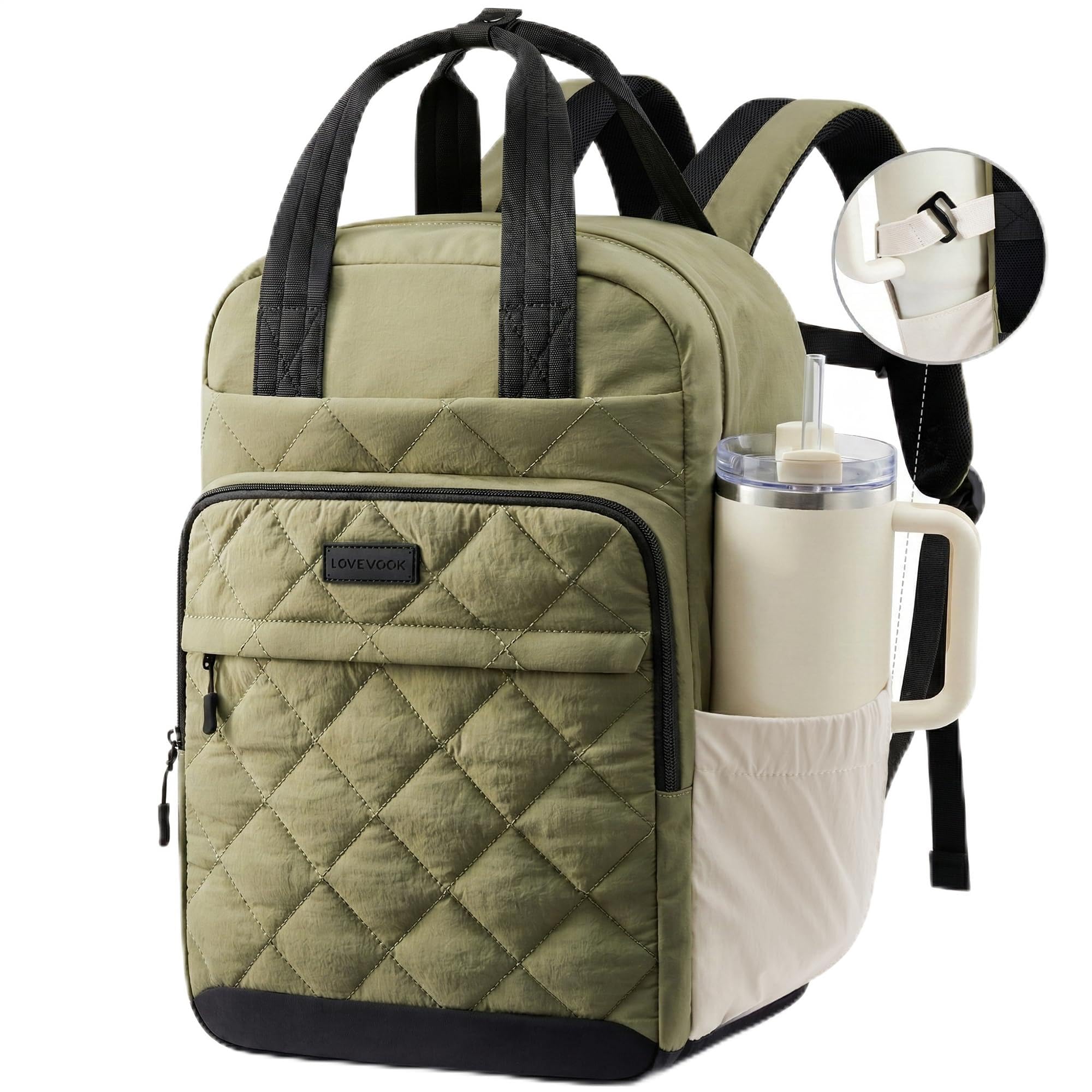 LOVEVOOK Puffer Backpack for Women Fits 15.6 Inch Laptop, Quilted Travel Backpacks Purse with Large Cup Holder, Teacher Computer Work Bags College Shool Bookbag, Puffy Carry On Personal Item Bag