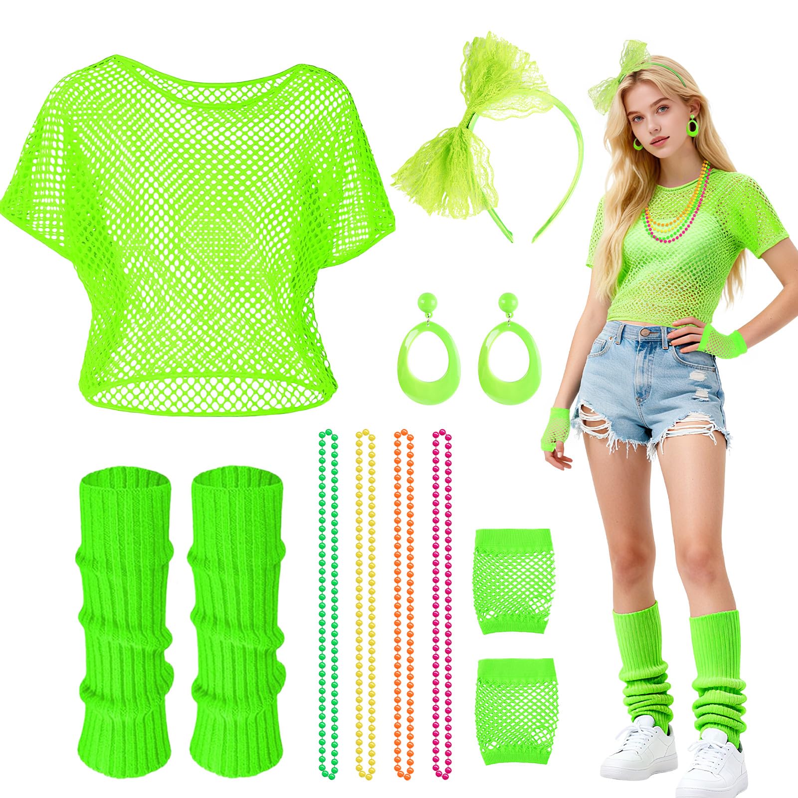 Beamely 80s Fancy Dress Set for Women, 6 Pcs Neon Party Costumes Accessories with Fishnet T-shirt Gloves Headband Necklace Earrings Leg Warmers for Retro 80s Party Dress up Day (green)
