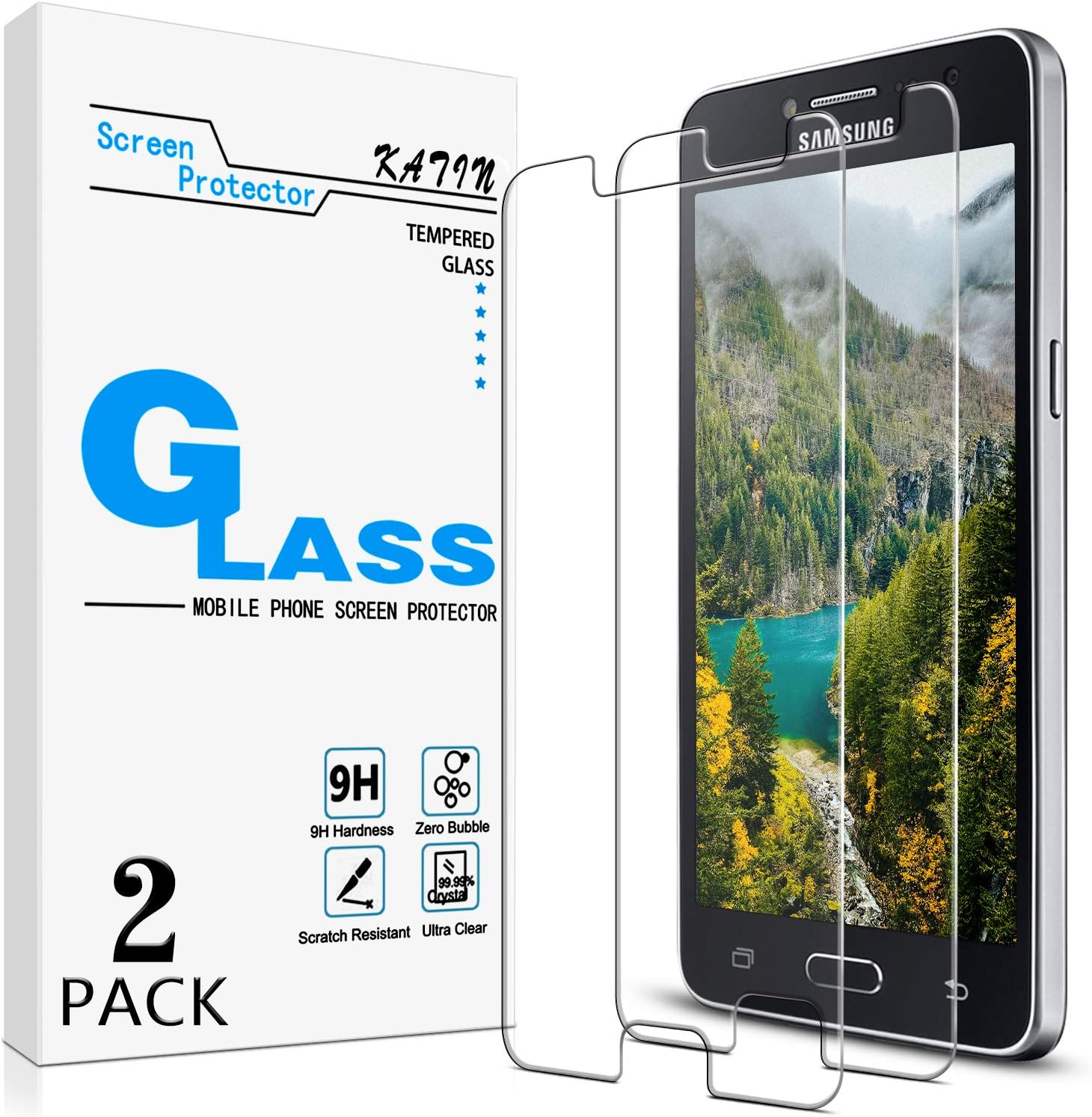[2-Pack] KATIN For Samsung Galaxy J2 Prime [Not for J2 Core] Tempered Glass Screen Protector No-Bubble, 9H Hardness, Easy to Install